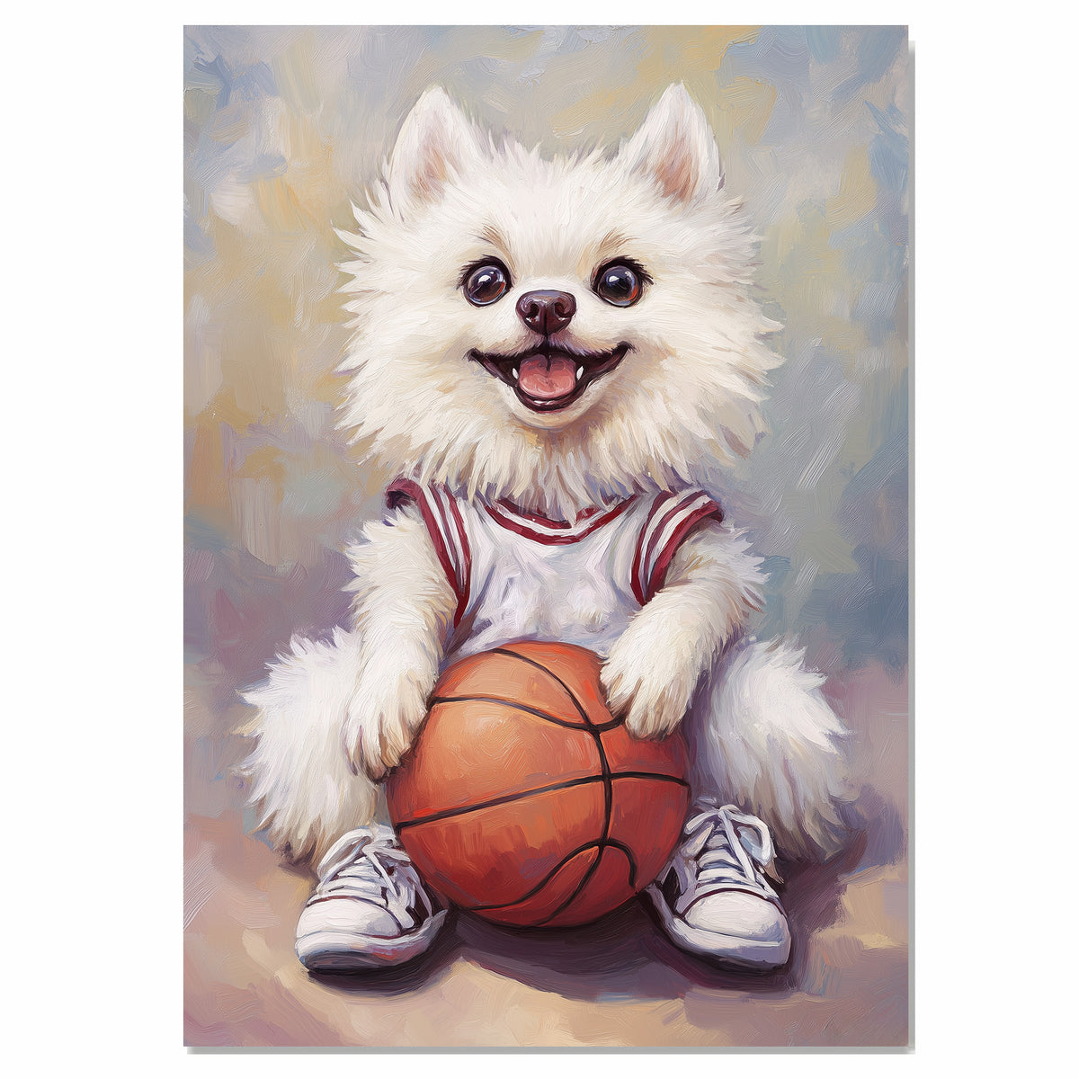 American Eskimo Dog Basketball Wall Art Sports Dog Artwork for Boys Room & Game Room Decor – Ready to Hang Canvas Wrap, Floating Frame or Rolled Canvas