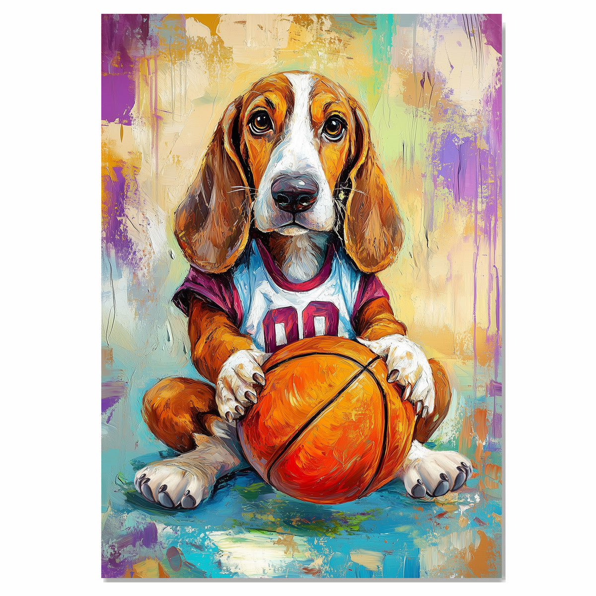 Basset Hound Basketball Wall Art Print Sports Themed Dog Artwork for Bedroom Living Room and Game Room Ready to Hang Canvas or Framed Decor Gift for Dog Lovers