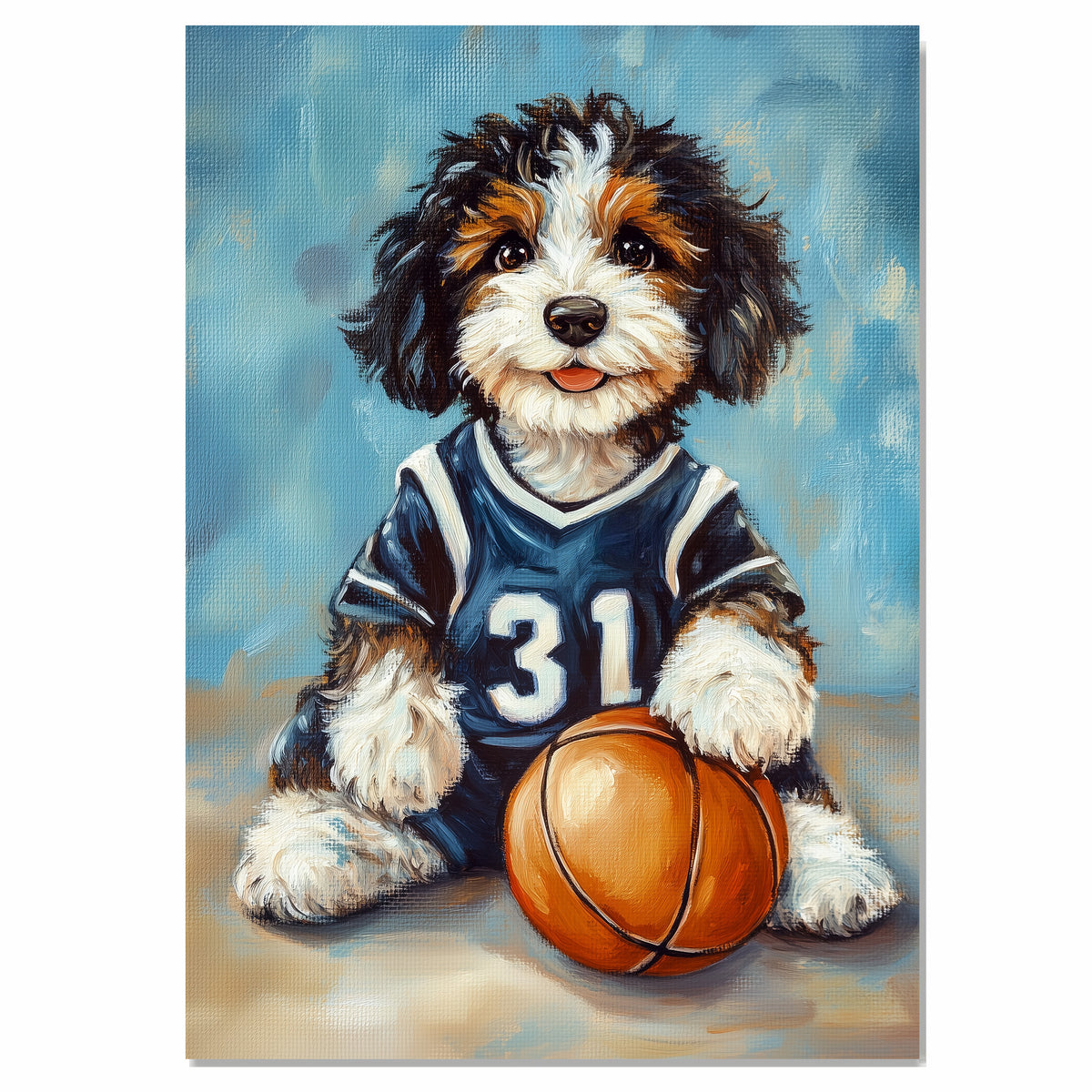 Bernedoodle Basketball Wall Art Print Sports Theme Dog Decor for Kids Game Room or Playroom Gift Ready to Hang Canvas or Framed Artwork