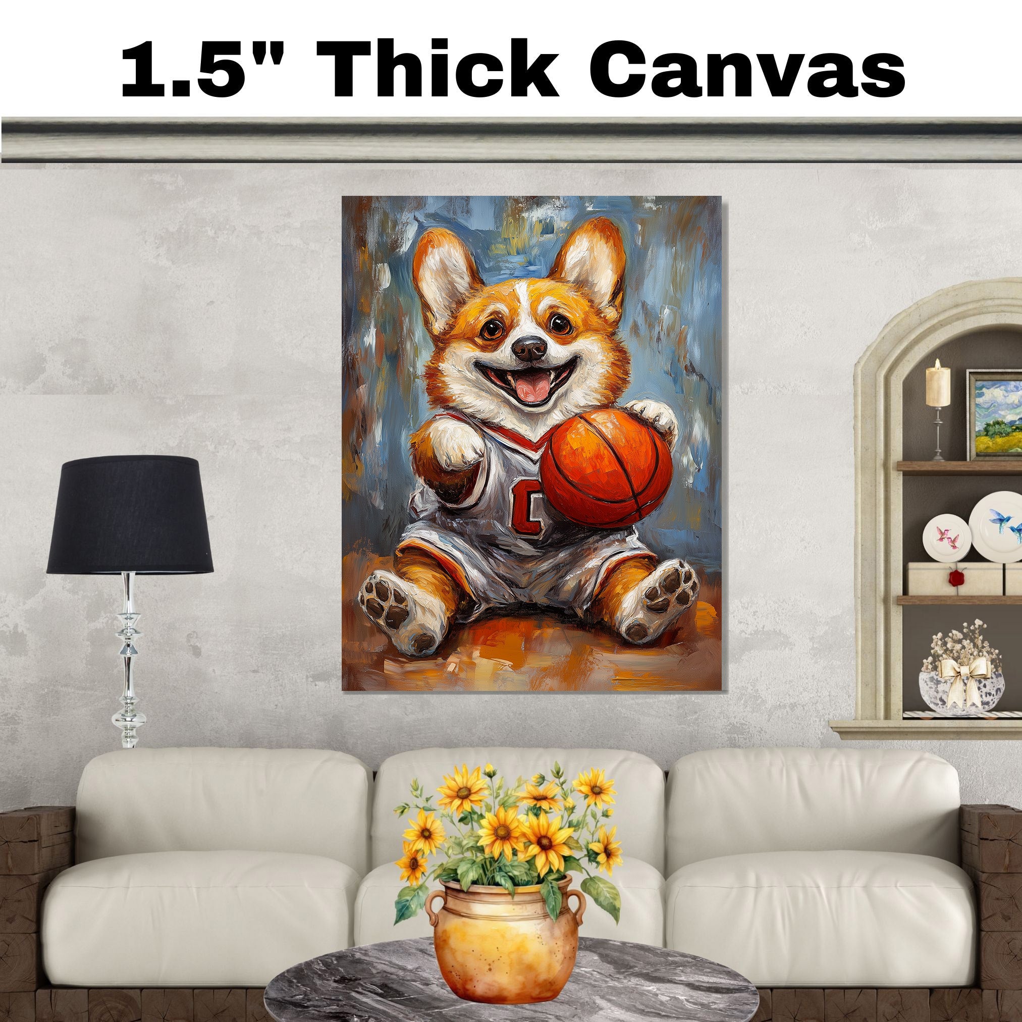 Corgi Dog Canvas Wall Art for Basketball Lovers Painting for Pet Dad's Wall Décor for Basket Ball Court on Ready to Hang 1.5" Thick Canvas Wrap, Floating Framed Canvas, Flat Rolled Canvas