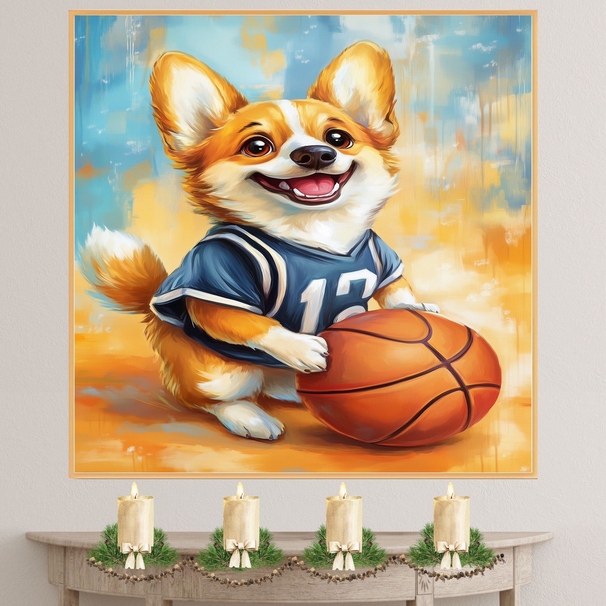 Corgi Dog with Sports Jersey Canvas Wall Art for Sports Lovers Bedroom Décor Gift for Boyfriends on Ready to Hang 1.5" Thick Canvas Wrap, Floating Framed Canvas, Flat Rolled Canvas
