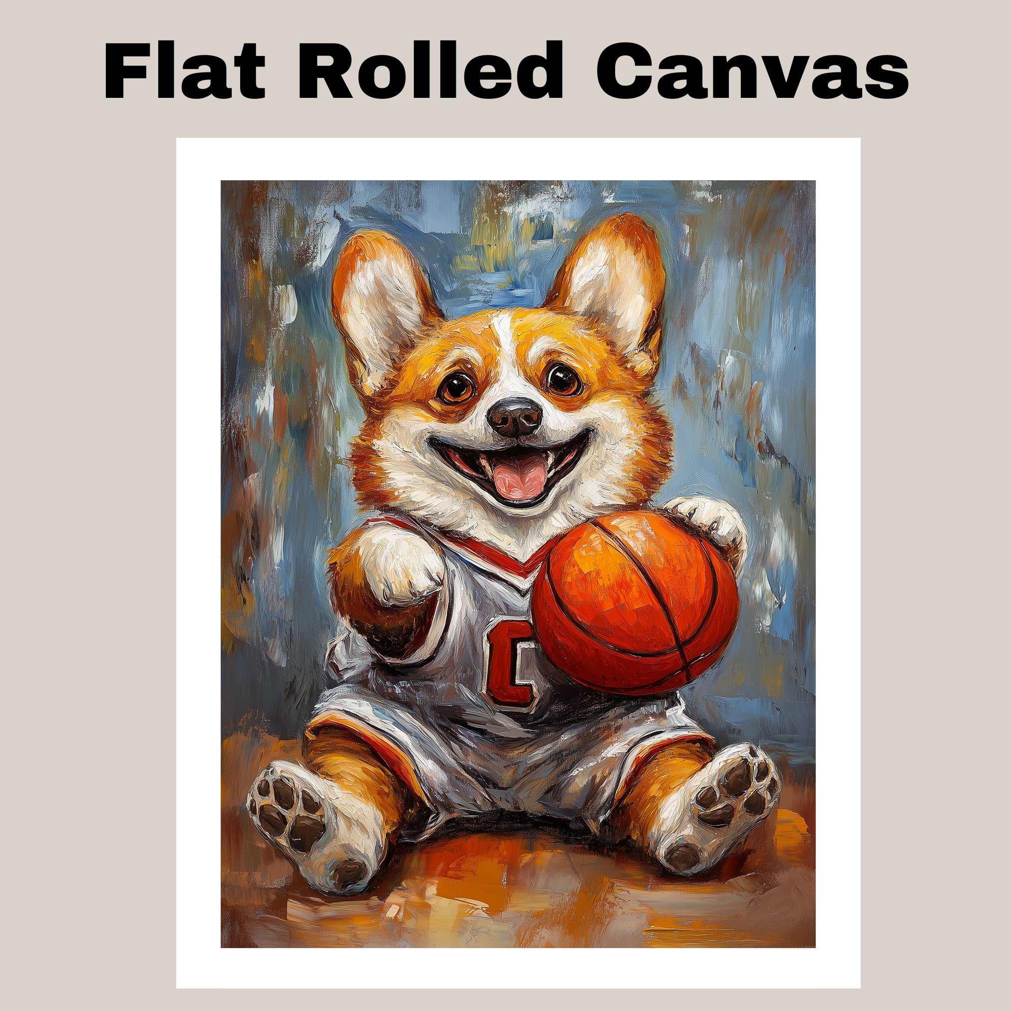 Corgi Dog Canvas Wall Art for Basketball Lovers Painting for Pet Dad's Wall Décor for Basket Ball Court on Ready to Hang 1.5" Thick Canvas Wrap, Floating Framed Canvas, Flat Rolled Canvas