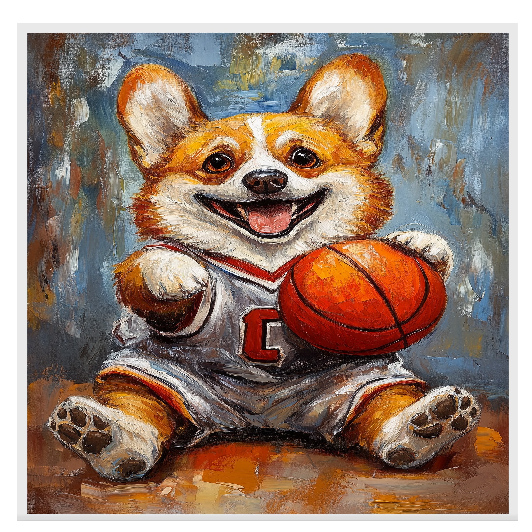 Corgi Dog Canvas Wall Art for Basketball Lovers Painting for Pet Dad's Wall Décor for Basket Ball Court on Ready to Hang 1.5" Thick Canvas Wrap, Floating Framed Canvas, Flat Rolled Canvas
