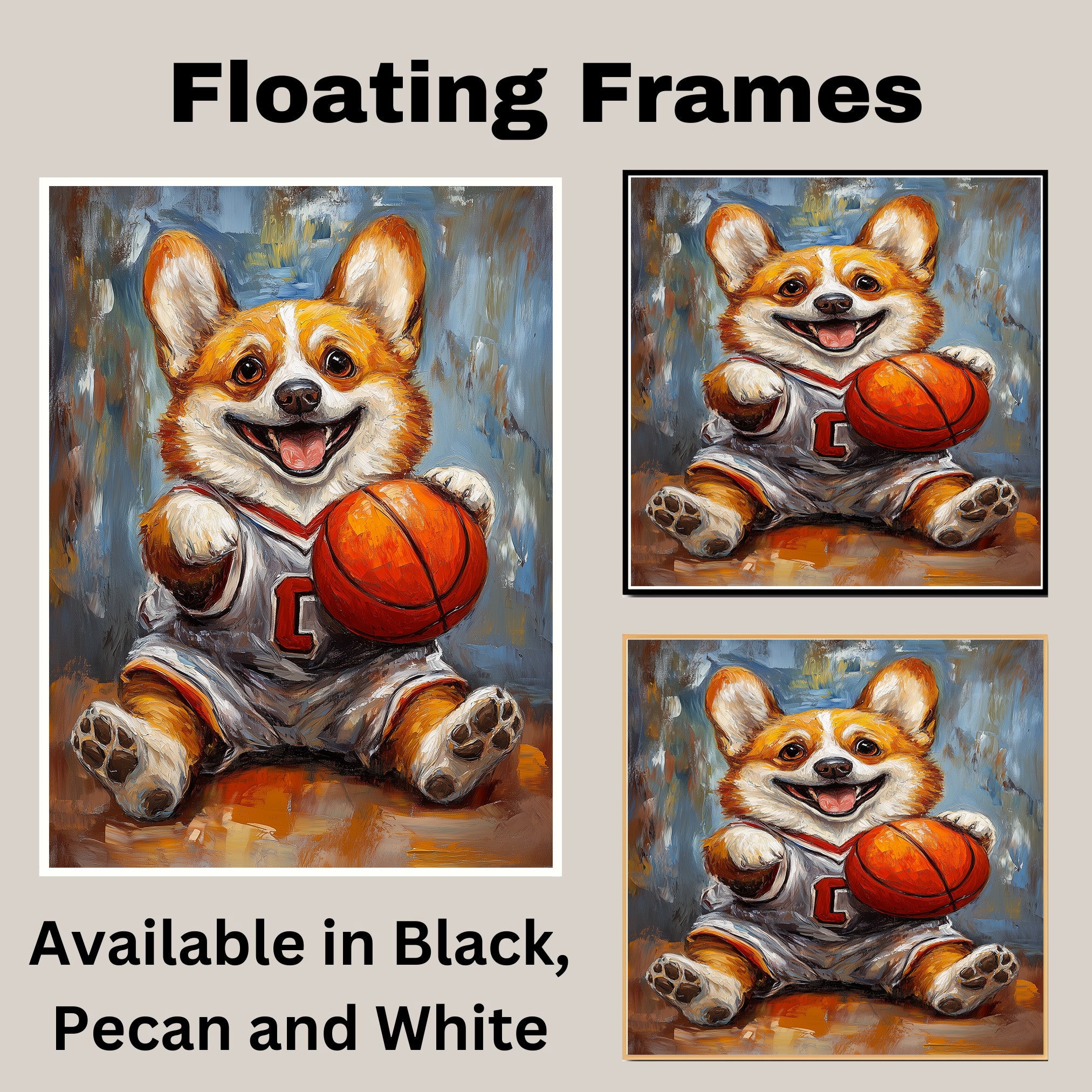 Corgi Dog Canvas Wall Art for Basketball Lovers Painting for Pet Dad's Wall Décor for Basket Ball Court on Ready to Hang 1.5" Thick Canvas Wrap, Floating Framed Canvas, Flat Rolled Canvas