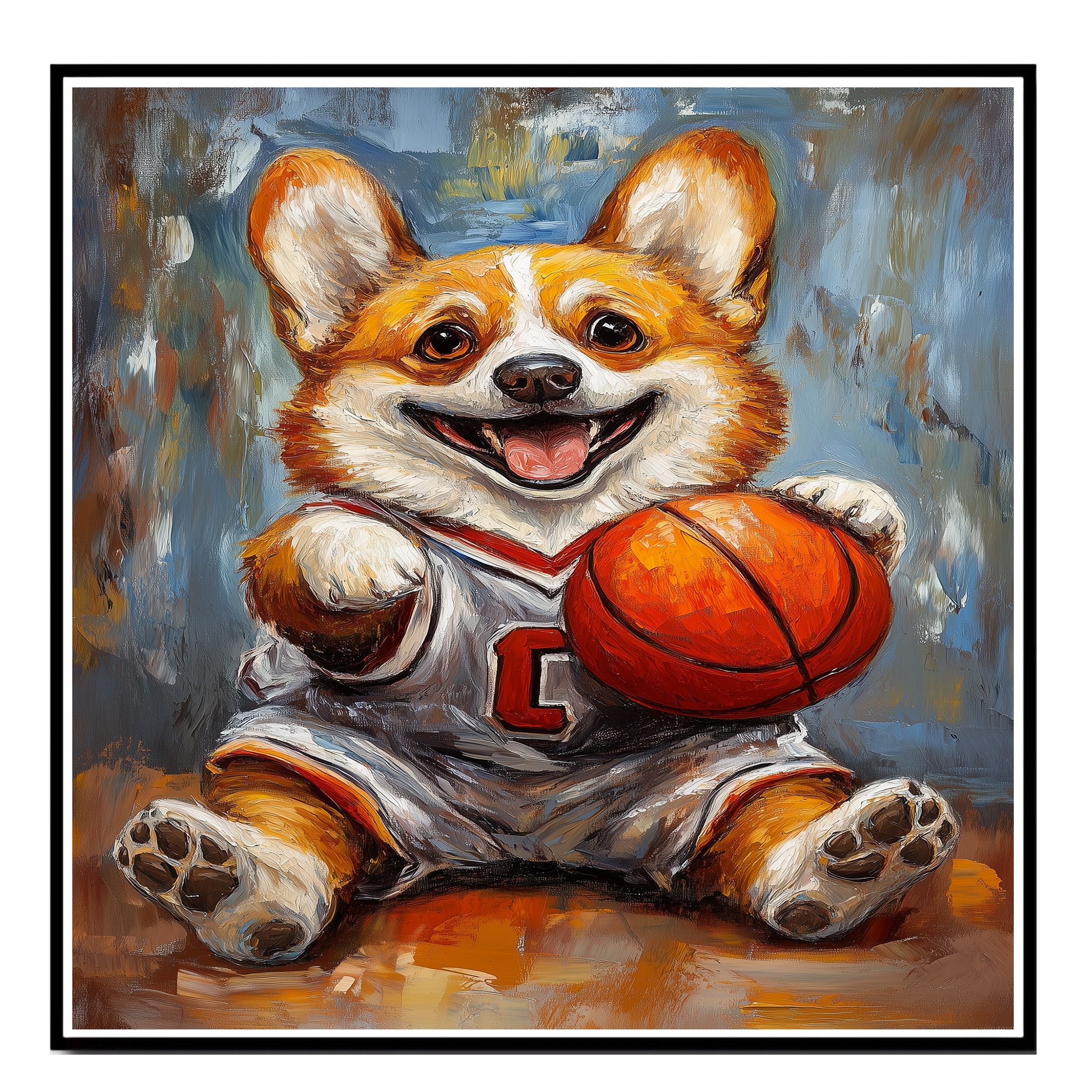 Corgi Dog Canvas Wall Art for Basketball Lovers Painting for Pet Dad's Wall Décor for Basket Ball Court on Ready to Hang 1.5" Thick Canvas Wrap, Floating Framed Canvas, Flat Rolled Canvas