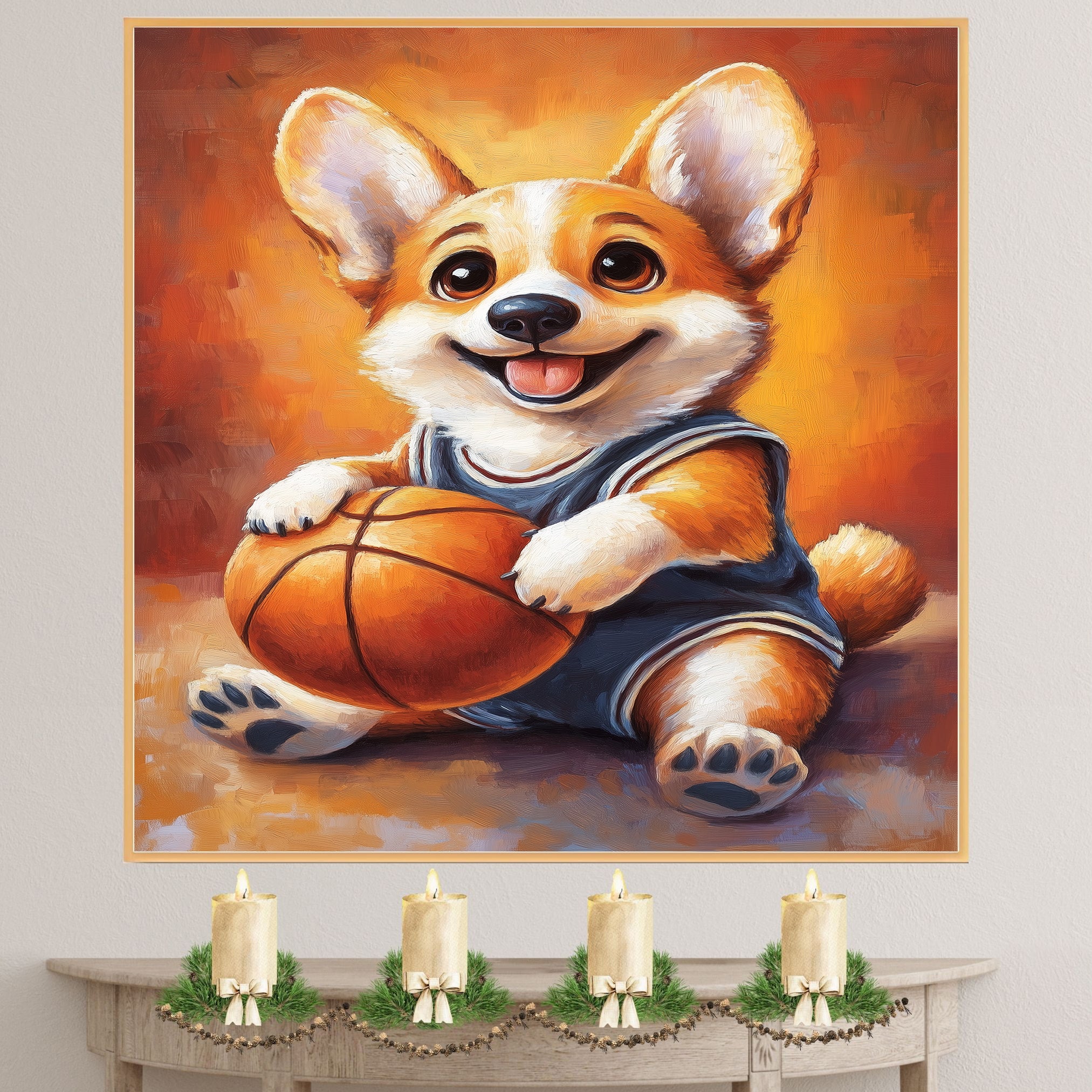 Corgi Dog Sports Jersey Painting for Pet Dad's Bedroom Décor Gift for Husband's Birthday on Ready to Hang 1.5" Thick Canvas Wrap, Floating Framed Canvas, Flat Rolled Canvas