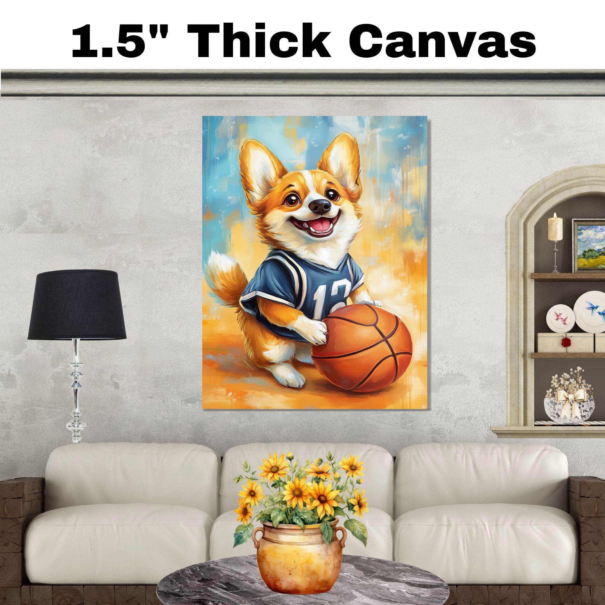 Corgi Dog with Sports Jersey Canvas Wall Art for Sports Lovers Bedroom Décor Gift for Boyfriends on Ready to Hang 1.5" Thick Canvas Wrap, Floating Framed Canvas, Flat Rolled Canvas