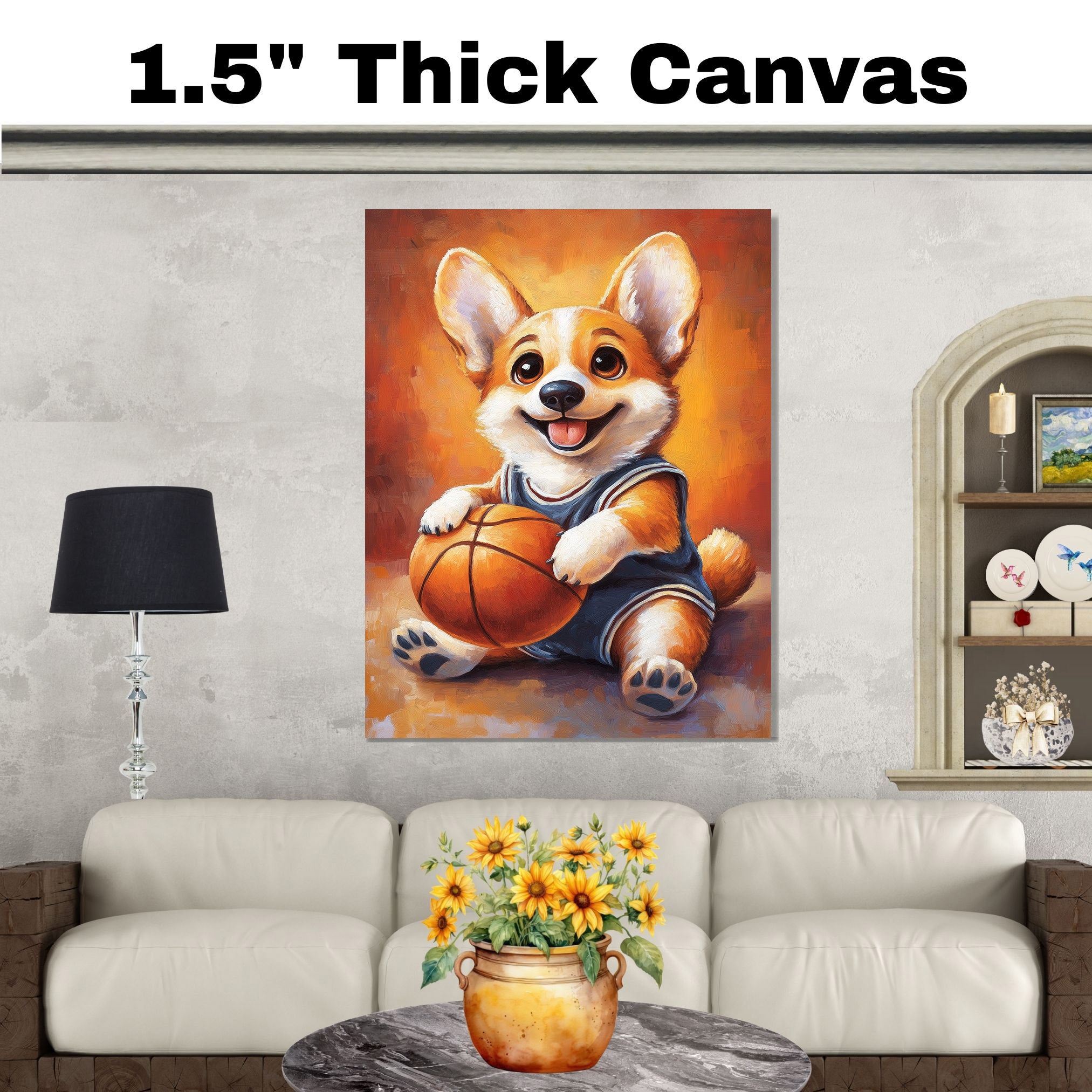 Corgi Dog Sports Jersey Painting for Pet Dad's Bedroom Décor Gift for Husband's Birthday on Ready to Hang 1.5" Thick Canvas Wrap, Floating Framed Canvas, Flat Rolled Canvas