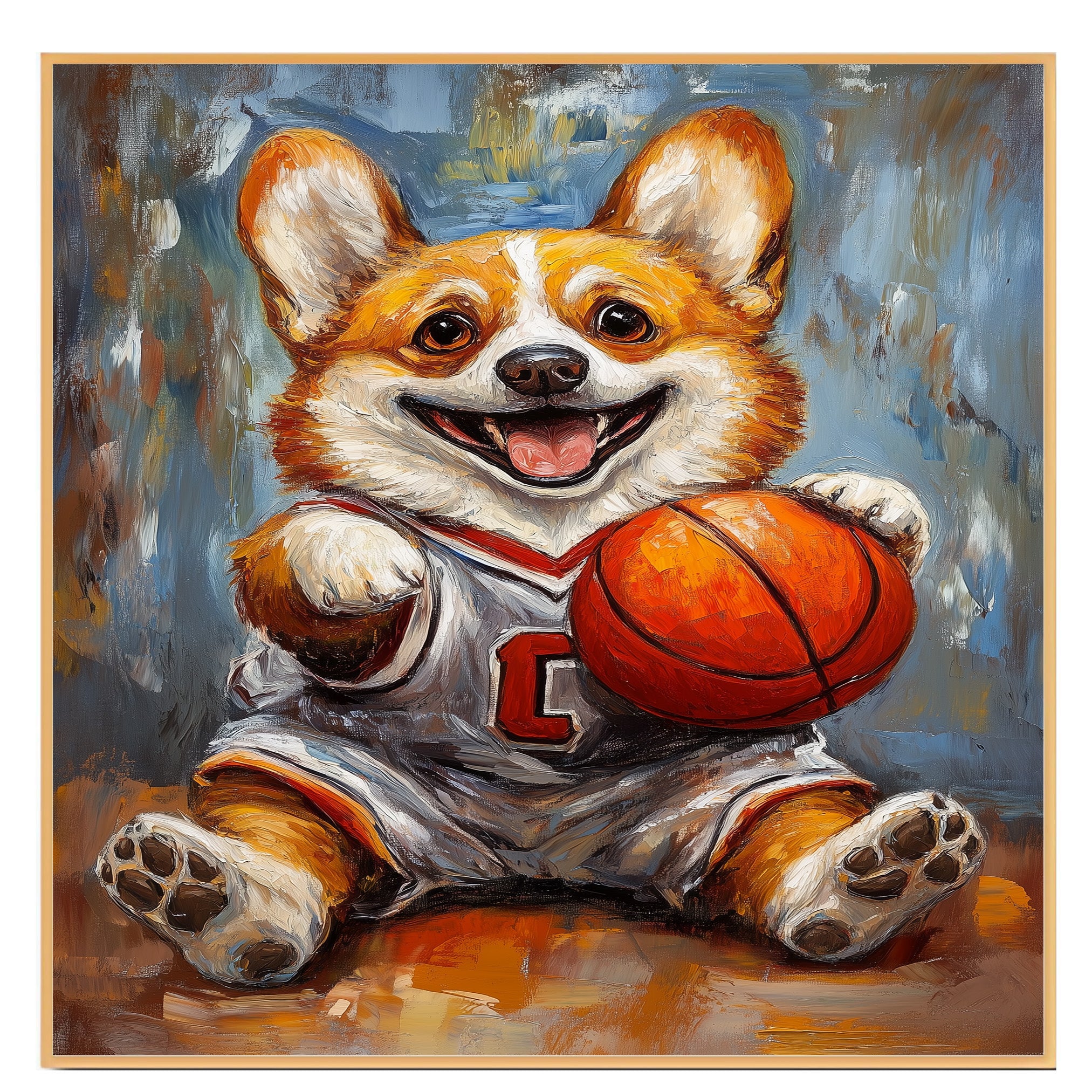 Corgi Dog Canvas Wall Art for Basketball Lovers Painting for Pet Dad's Wall Décor for Basket Ball Court on Ready to Hang 1.5" Thick Canvas Wrap, Floating Framed Canvas, Flat Rolled Canvas