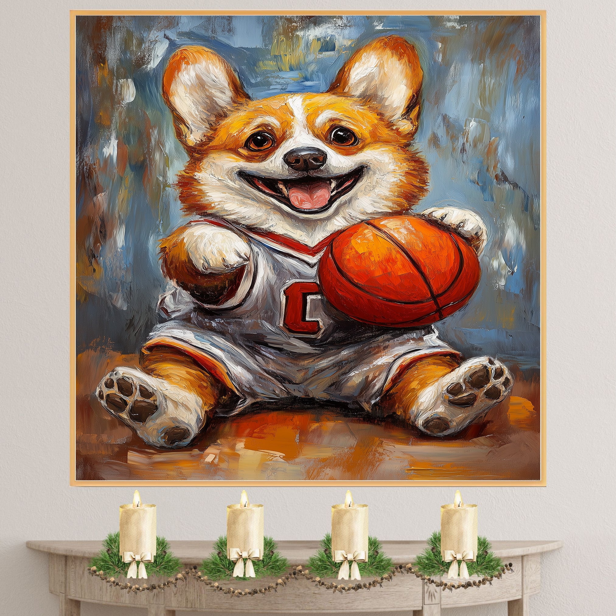 Corgi Dog Canvas Wall Art for Basketball Lovers Painting for Pet Dad's Wall Décor for Basket Ball Court on Ready to Hang 1.5" Thick Canvas Wrap, Floating Framed Canvas, Flat Rolled Canvas