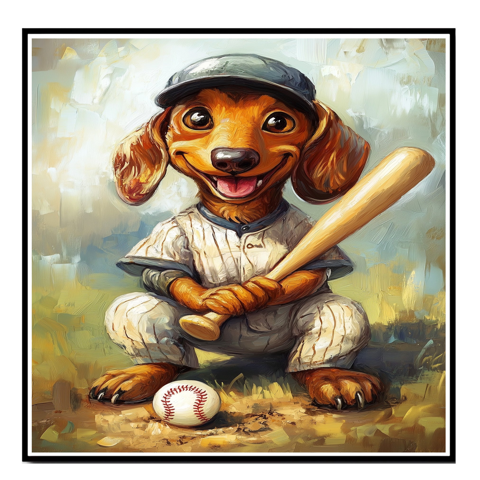 Dachshund Dog Baseball Painting for Baseball Field Dog Poster for Dachshund Home Decoration on Ready to Hang 1.5" Thick Canvas Wrap, Floating Framed Canvas, Flat Rolled Canvas