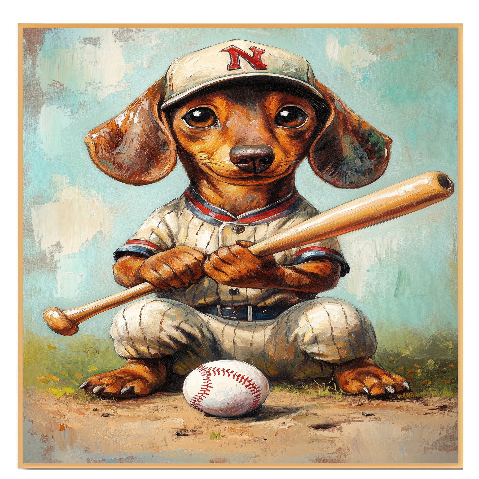 Dachshund Dog Baseball Canvas Wall Art for Sports Lovers Living Room Décor for Baseball Lover on Ready to Hang 1.5" Thick Canvas Wrap, Floating Framed Canvas, Flat Rolled Canvas