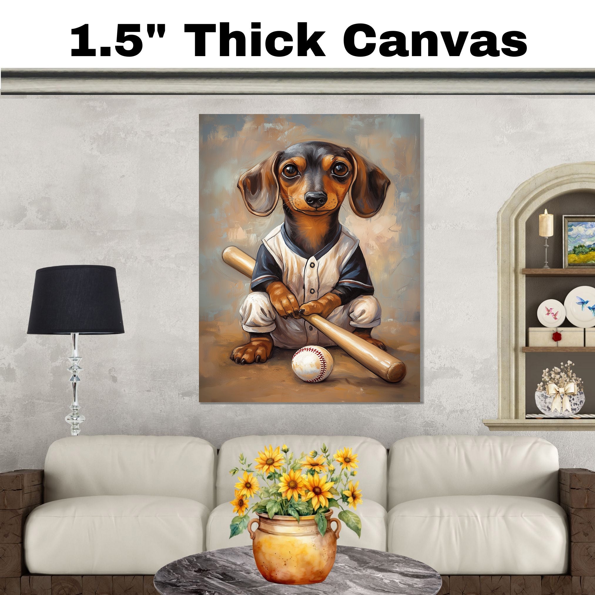 Dachshund Dog Canvas Wall Art for Baseball Lovers Wall Décor Gift for Dog Sports Painting on Ready to Hang 1.5" Thick Canvas Wrap, Floating Framed Canvas, Flat Rolled Canvas
