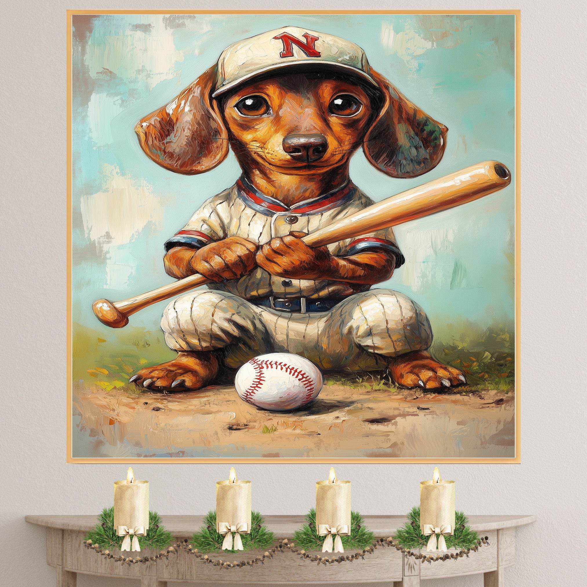 Dachshund Dog Baseball Canvas Wall Art for Sports Lovers Living Room Décor for Baseball Lover on Ready to Hang 1.5" Thick Canvas Wrap, Floating Framed Canvas, Flat Rolled Canvas