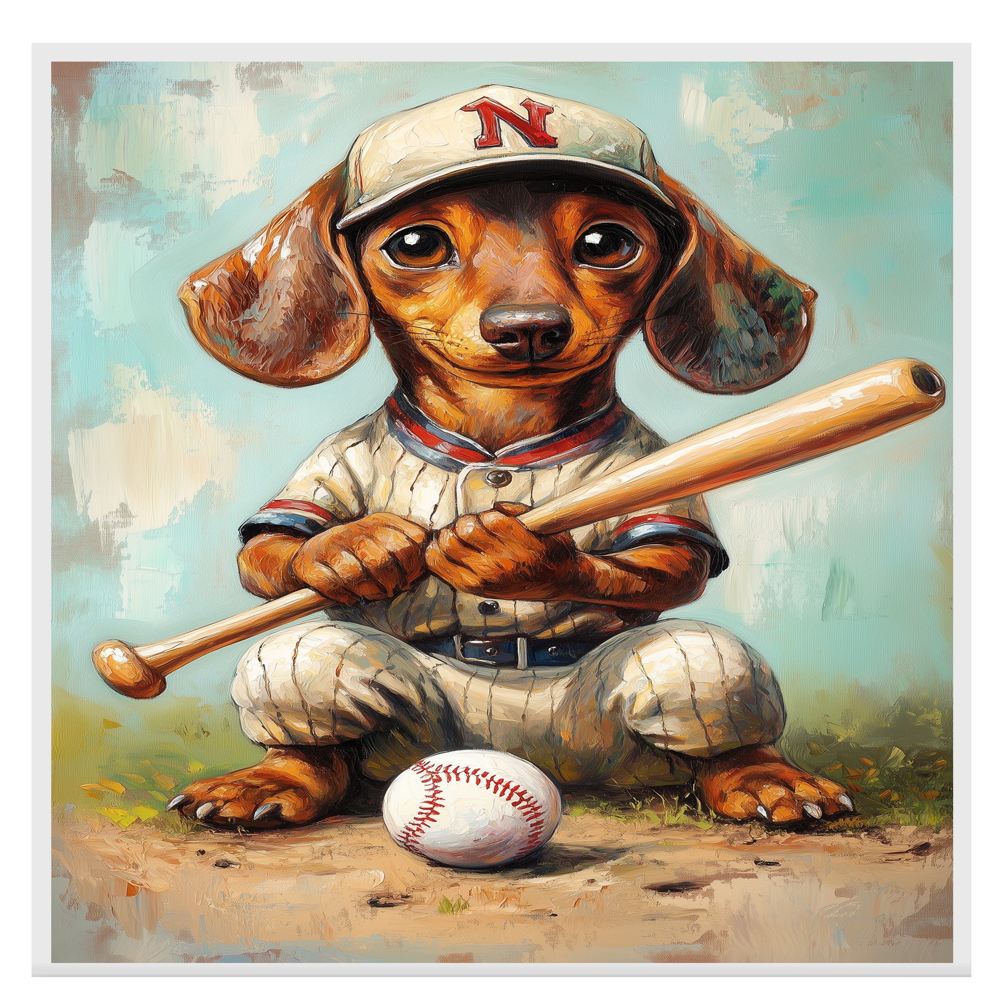 Dachshund Dog Baseball Canvas Wall Art for Sports Lovers Living Room Décor for Baseball Lover on Ready to Hang 1.5" Thick Canvas Wrap, Floating Framed Canvas, Flat Rolled Canvas