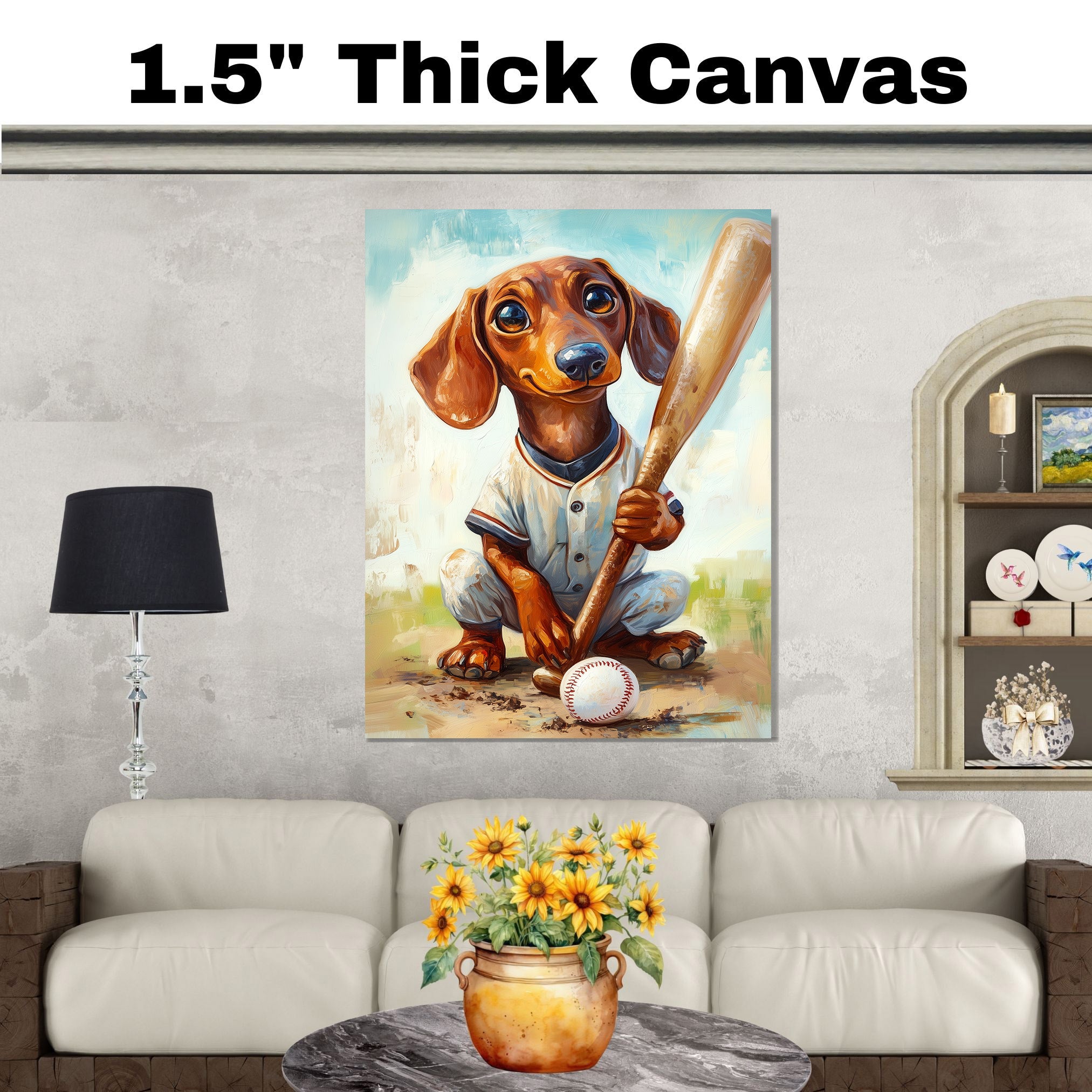 Dachshund Baseball Dog Art for Sports Lovers Painting Artwork for Pet Parents Wall Decor on Ready to Hang 1.5" Thick Canvas Wrap, Floating Framed Canvas, Flat Rolled Canvas