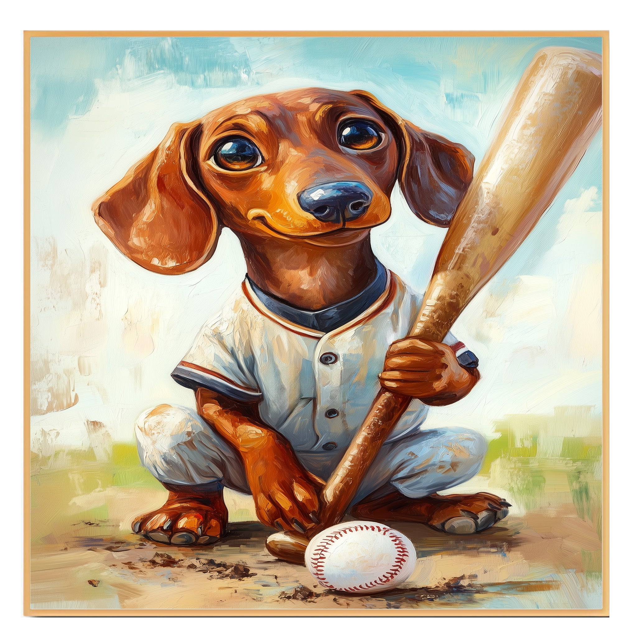 Dachshund Baseball Dog Art for Sports Lovers Painting Artwork for Pet Parents Wall Decor on Ready to Hang 1.5" Thick Canvas Wrap, Floating Framed Canvas, Flat Rolled Canvas