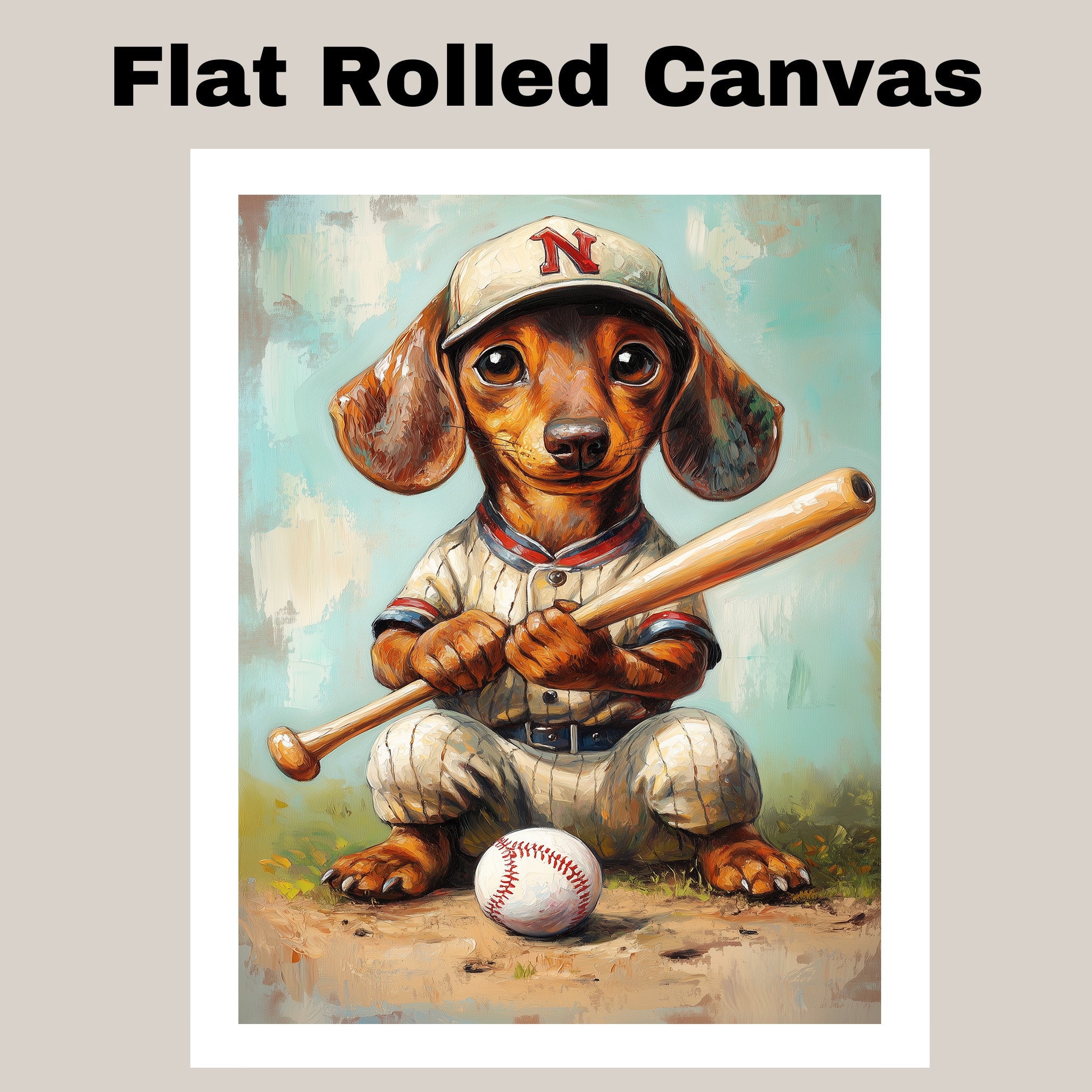 Dachshund Dog Baseball Canvas Wall Art for Sports Lovers Living Room Décor for Baseball Lover on Ready to Hang 1.5" Thick Canvas Wrap, Floating Framed Canvas, Flat Rolled Canvas