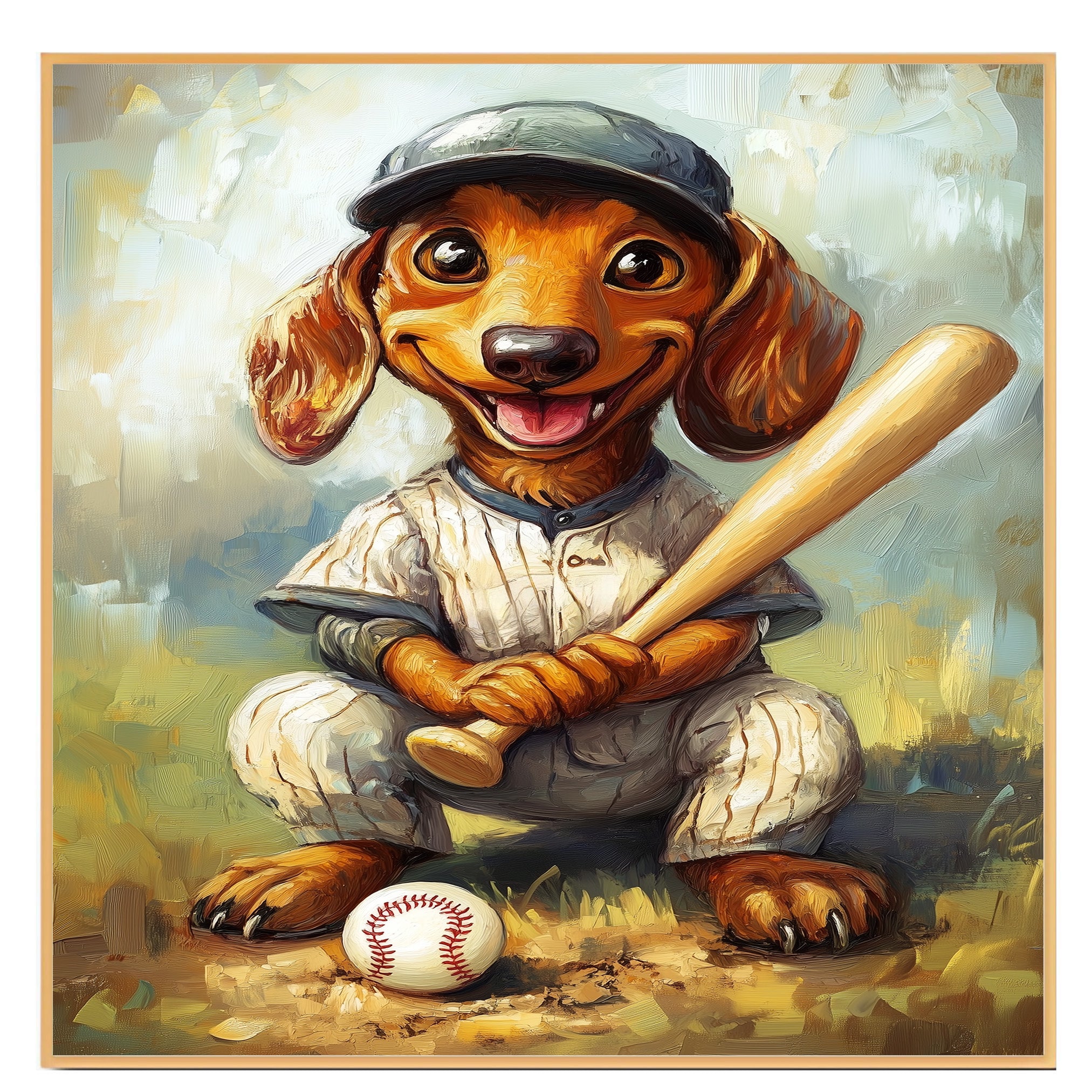 Dachshund Dog Baseball Painting for Baseball Field Dog Poster for Dachshund Home Decoration on Ready to Hang 1.5" Thick Canvas Wrap, Floating Framed Canvas, Flat Rolled Canvas
