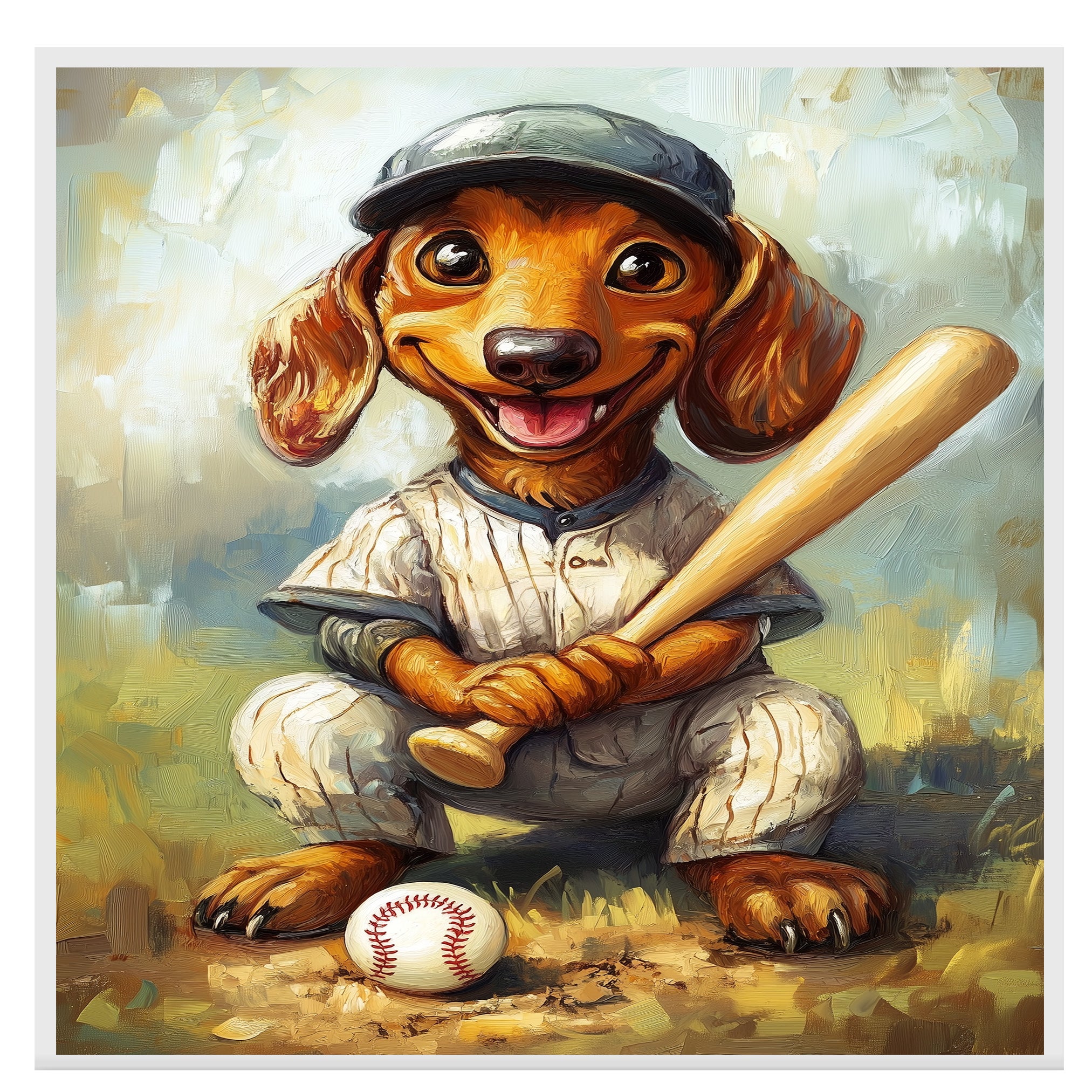 Dachshund Dog Baseball Painting for Baseball Field Dog Poster for Dachshund Home Decoration on Ready to Hang 1.5" Thick Canvas Wrap, Floating Framed Canvas, Flat Rolled Canvas