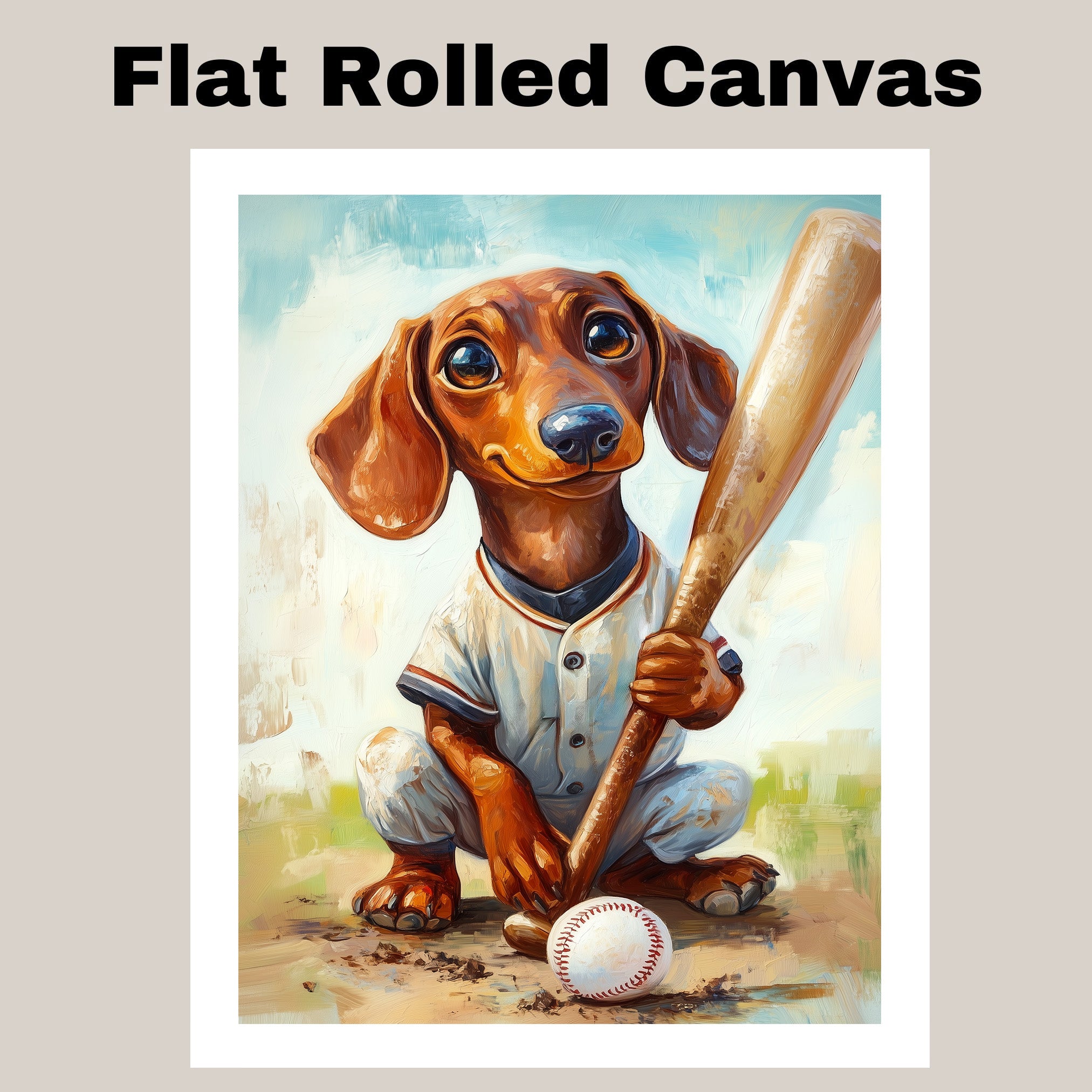 Dachshund Baseball Dog Art for Sports Lovers Painting Artwork for Pet Parents Wall Decor on Ready to Hang 1.5" Thick Canvas Wrap, Floating Framed Canvas, Flat Rolled Canvas