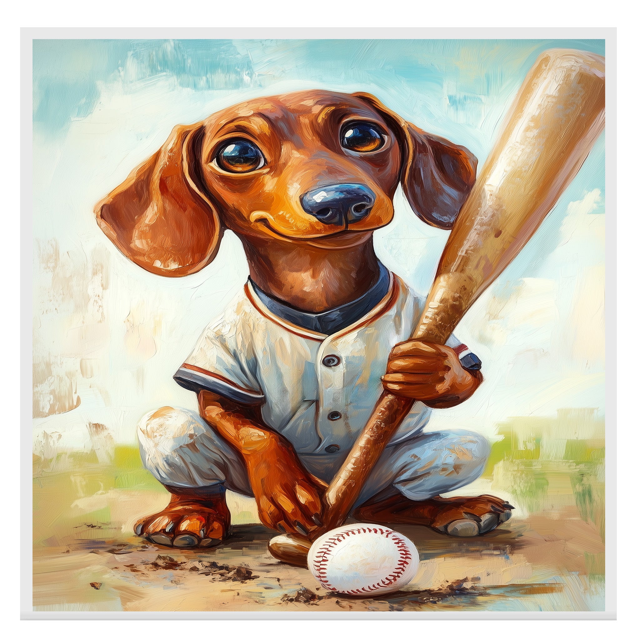 Dachshund Baseball Dog Art for Sports Lovers Painting Artwork for Pet Parents Wall Decor on Ready to Hang 1.5" Thick Canvas Wrap, Floating Framed Canvas, Flat Rolled Canvas