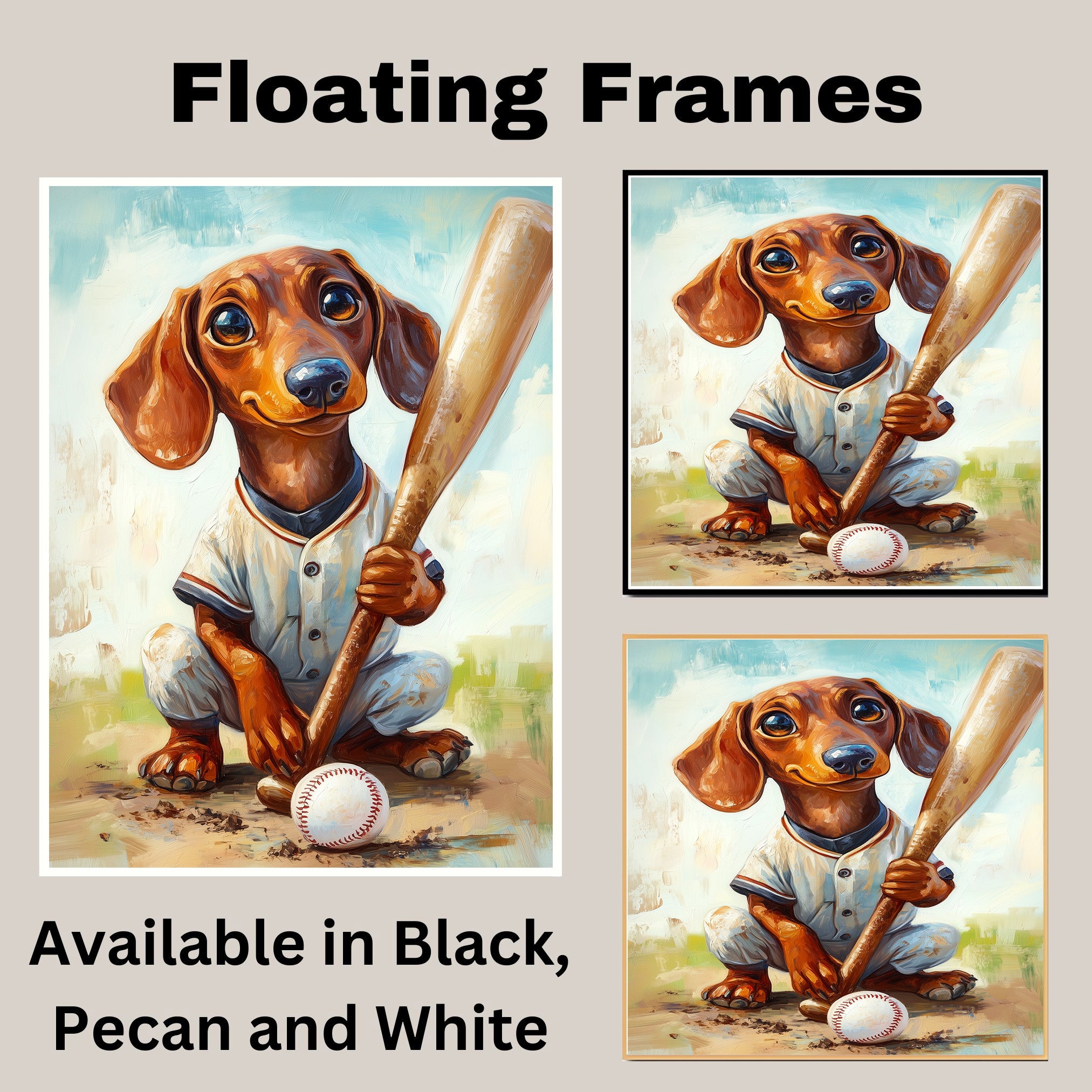 Dachshund Baseball Dog Art for Sports Lovers Painting Artwork for Pet Parents Wall Decor on Ready to Hang 1.5" Thick Canvas Wrap, Floating Framed Canvas, Flat Rolled Canvas