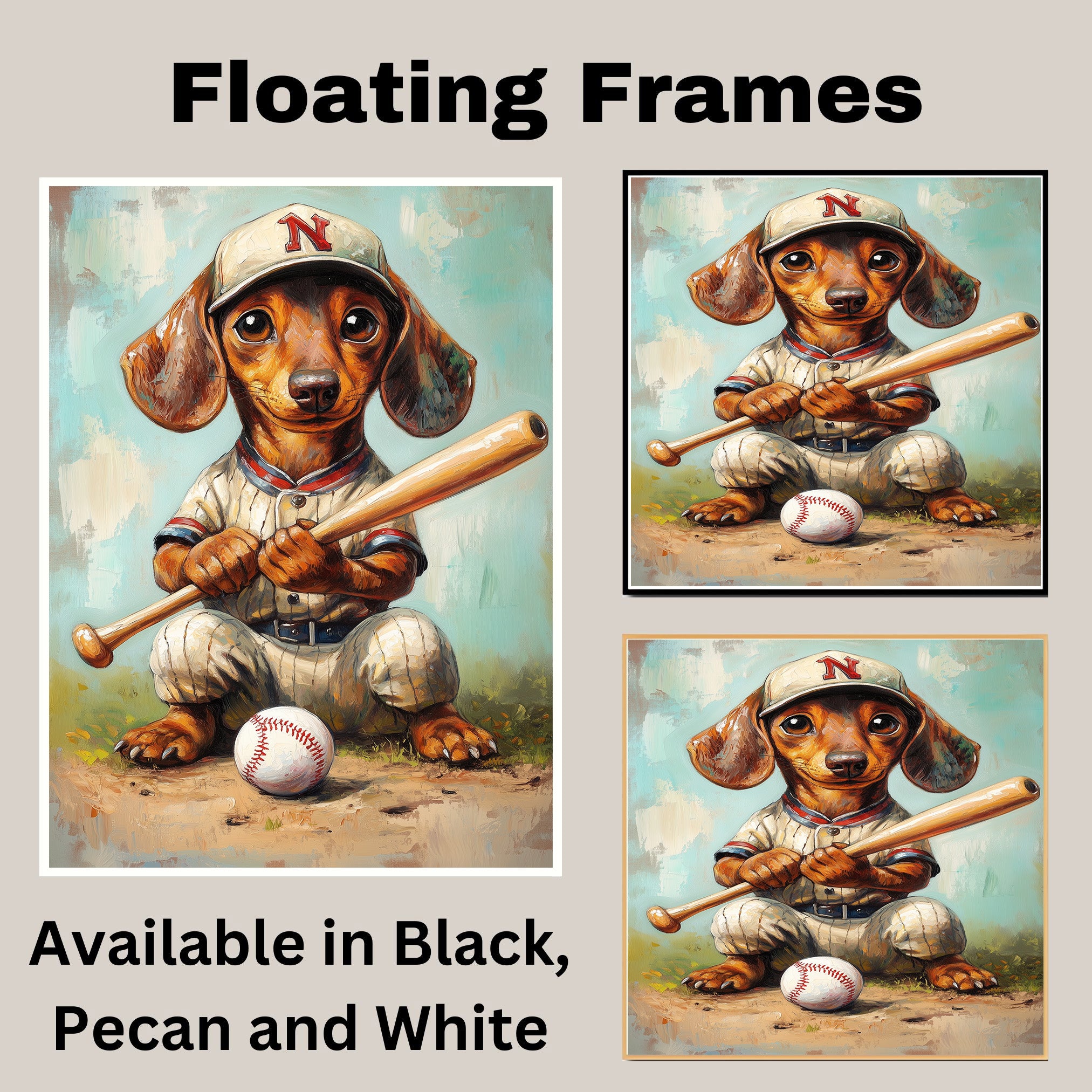 Dachshund Dog Baseball Canvas Wall Art for Sports Lovers Living Room Décor for Baseball Lover on Ready to Hang 1.5" Thick Canvas Wrap, Floating Framed Canvas, Flat Rolled Canvas