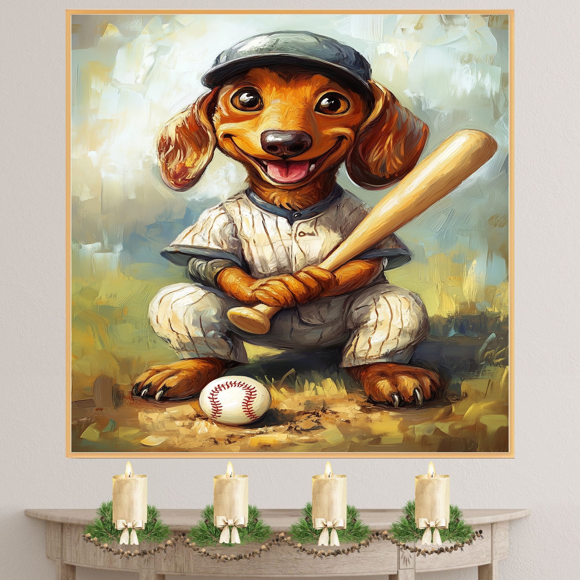 Dachshund Dog Baseball Painting for Baseball Field Dog Poster for Dachshund Home Decoration on Ready to Hang 1.5" Thick Canvas Wrap, Floating Framed Canvas, Flat Rolled Canvas