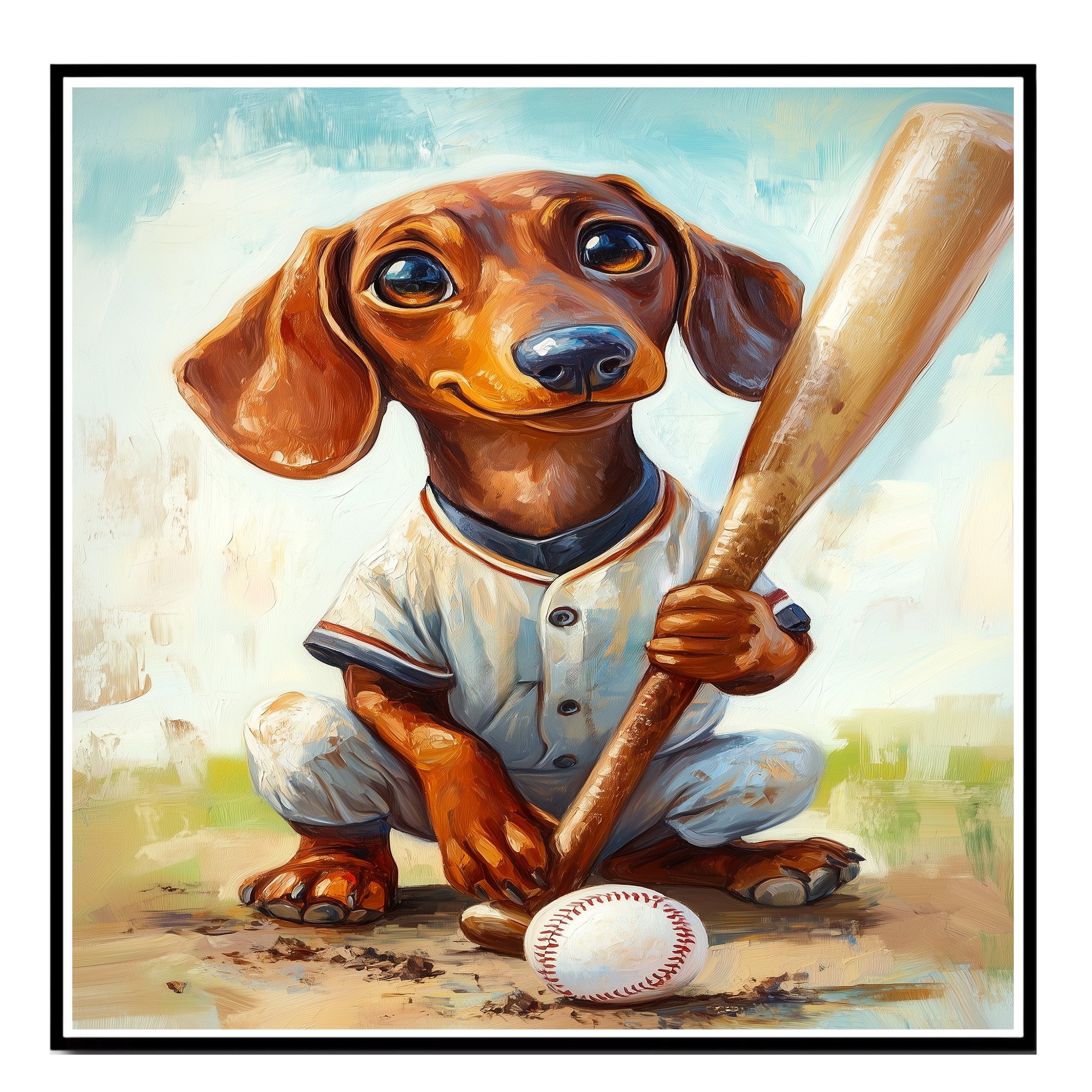 Dachshund Baseball Dog Art for Sports Lovers Painting Artwork for Pet Parents Wall Decor on Ready to Hang 1.5" Thick Canvas Wrap, Floating Framed Canvas, Flat Rolled Canvas