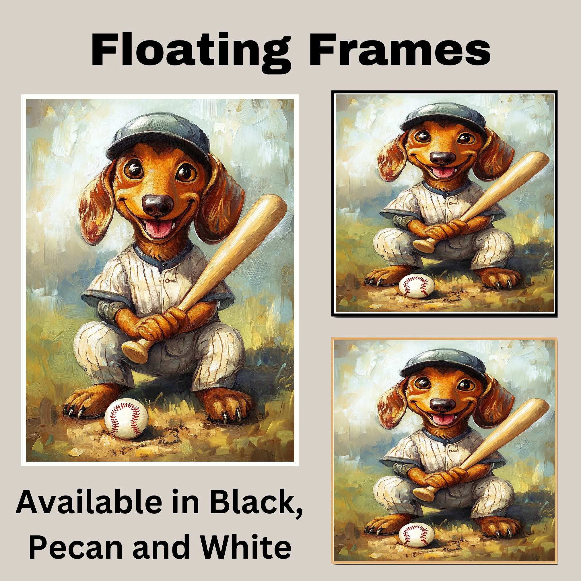 Dachshund Dog Baseball Painting for Baseball Field Dog Poster for Dachshund Home Decoration on Ready to Hang 1.5" Thick Canvas Wrap, Floating Framed Canvas, Flat Rolled Canvas