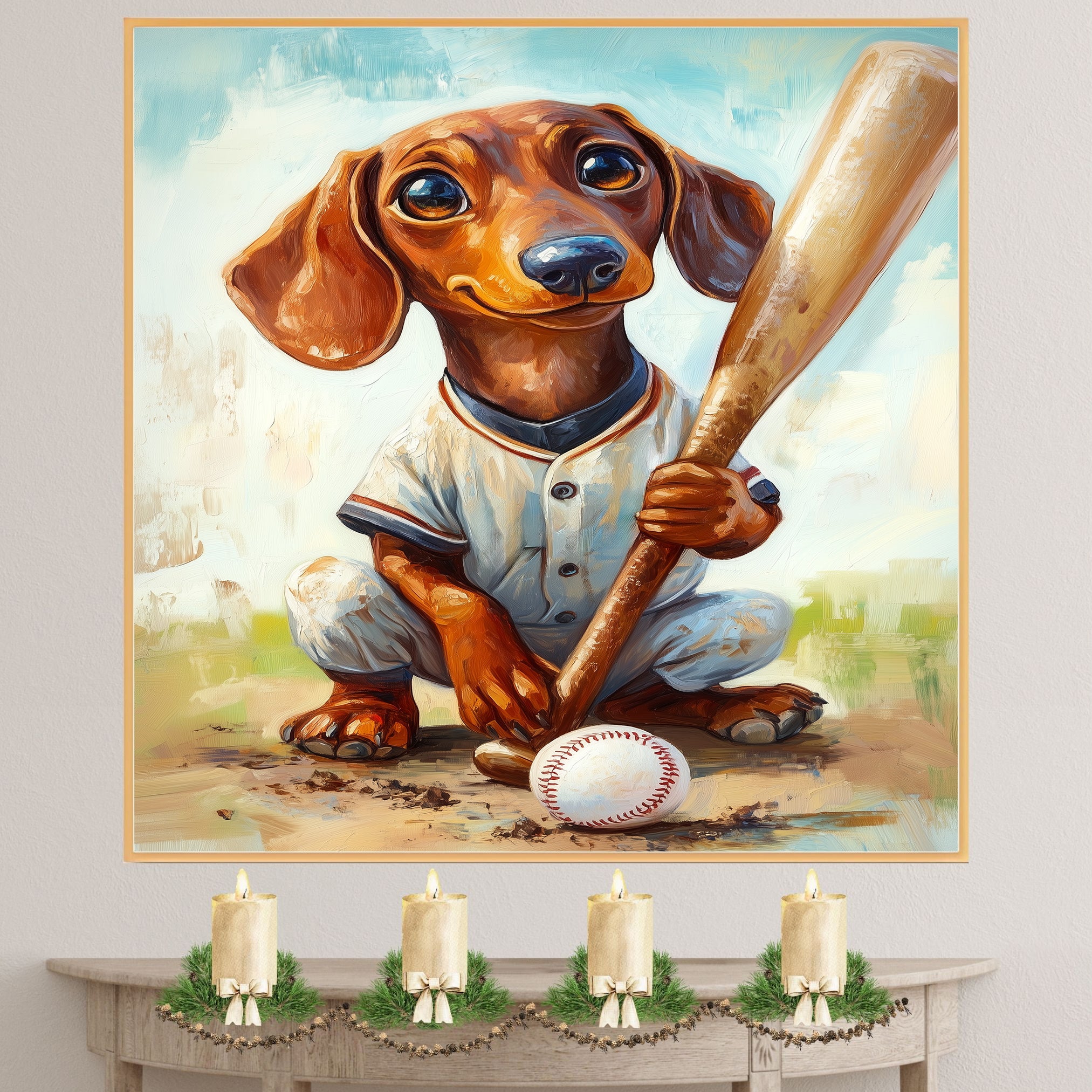 Dachshund Baseball Dog Art for Sports Lovers Painting Artwork for Pet Parents Wall Decor on Ready to Hang 1.5" Thick Canvas Wrap, Floating Framed Canvas, Flat Rolled Canvas
