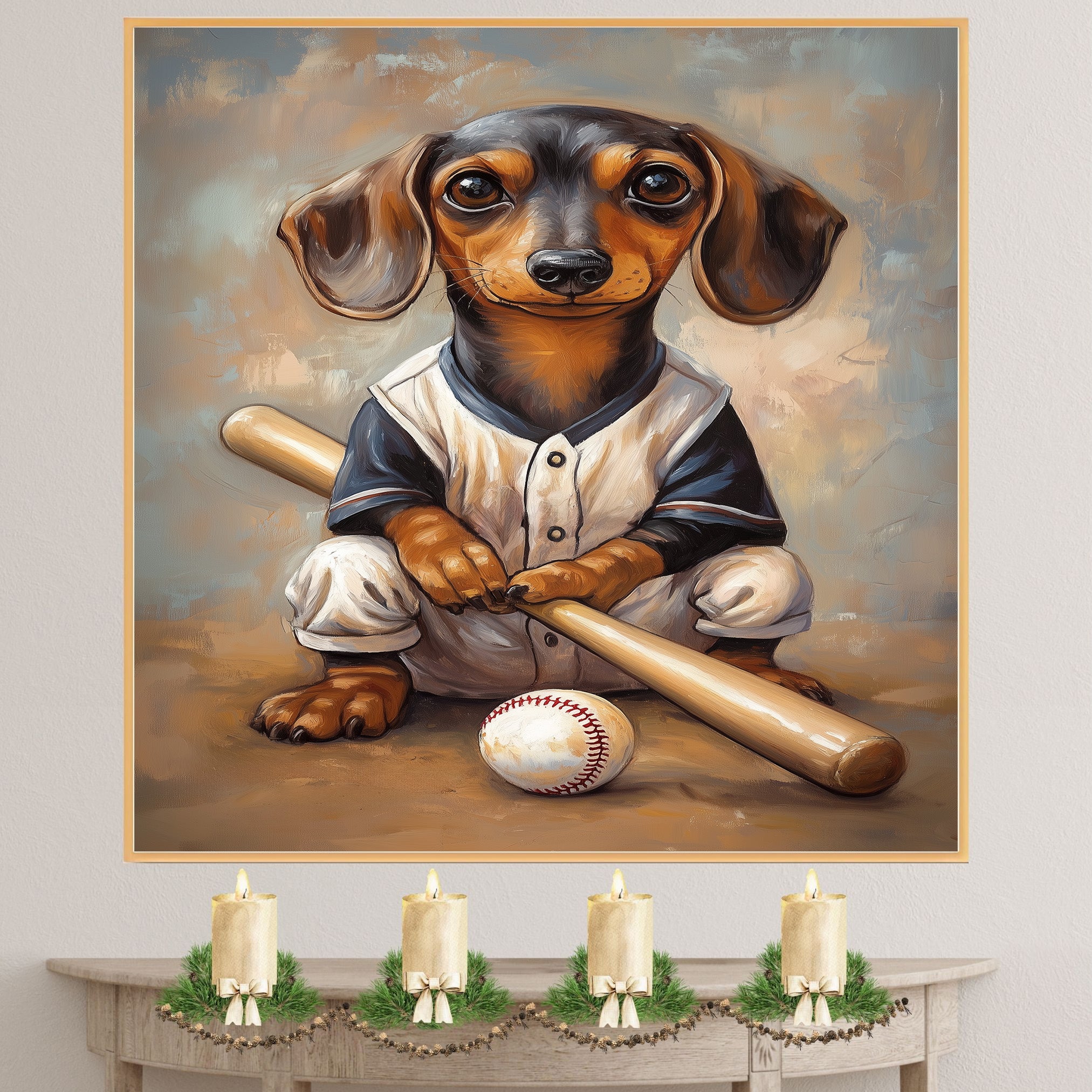 Dachshund Dog Canvas Wall Art for Baseball Lovers Wall Décor Gift for Dog Sports Painting on Ready to Hang 1.5" Thick Canvas Wrap, Floating Framed Canvas, Flat Rolled Canvas