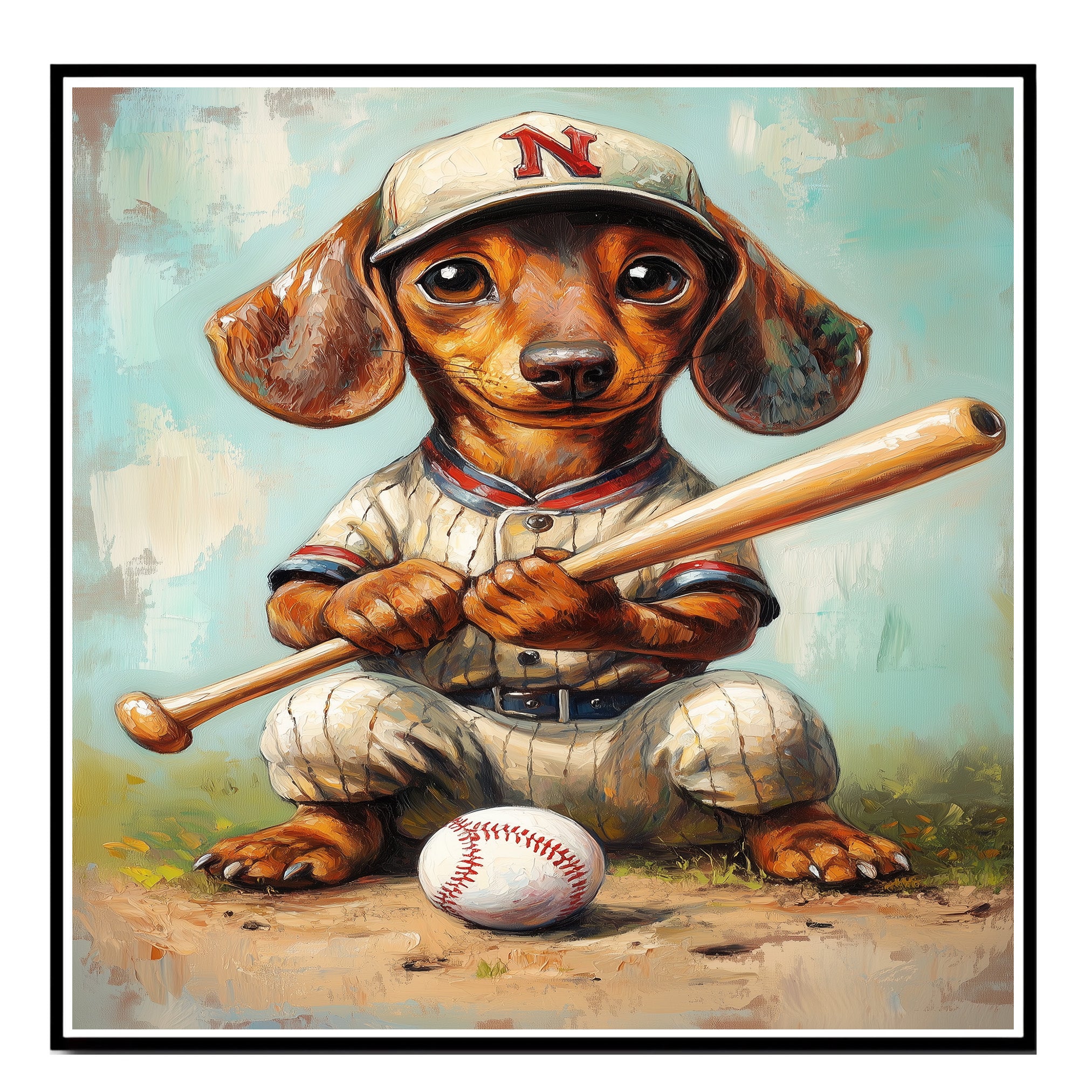 Dachshund Dog Baseball Canvas Wall Art for Sports Lovers Living Room Décor for Baseball Lover on Ready to Hang 1.5" Thick Canvas Wrap, Floating Framed Canvas, Flat Rolled Canvas