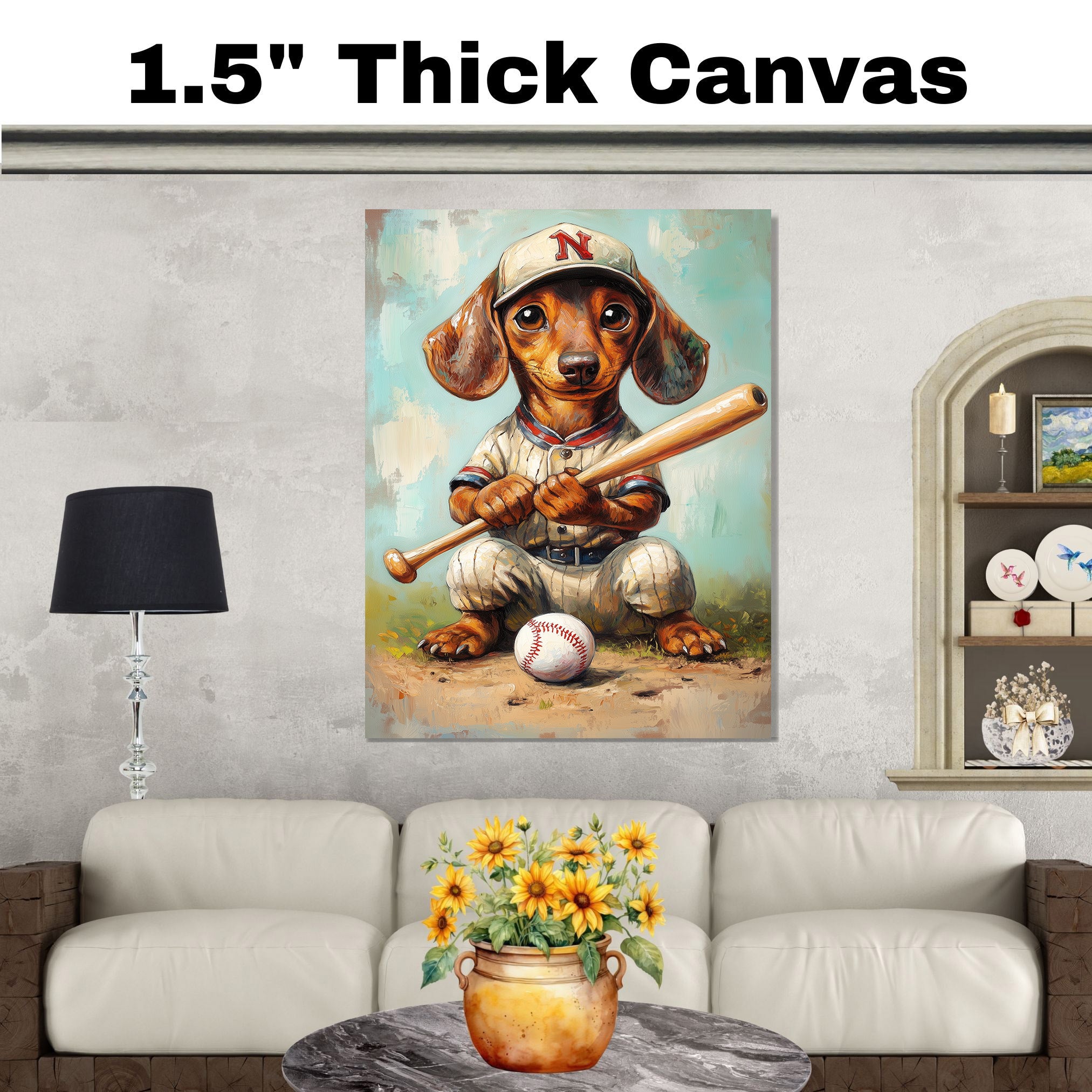 Dachshund Dog Baseball Canvas Wall Art for Sports Lovers Living Room Décor for Baseball Lover on Ready to Hang 1.5" Thick Canvas Wrap, Floating Framed Canvas, Flat Rolled Canvas