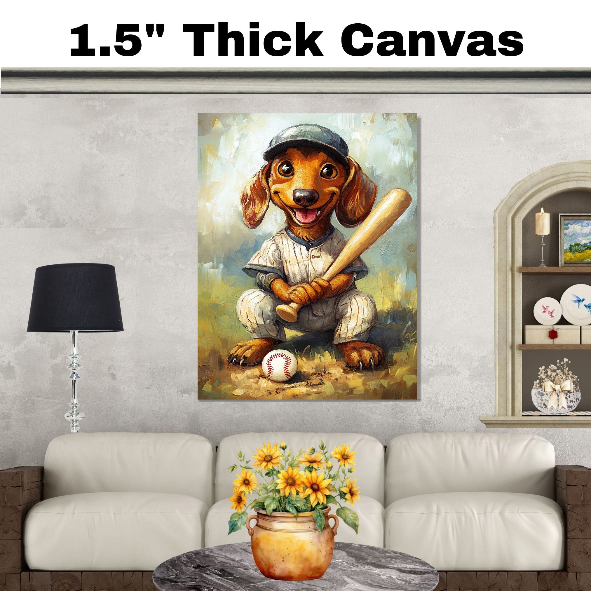 Dachshund Dog Baseball Painting for Baseball Field Dog Poster for Dachshund Home Decoration on Ready to Hang 1.5" Thick Canvas Wrap, Floating Framed Canvas, Flat Rolled Canvas