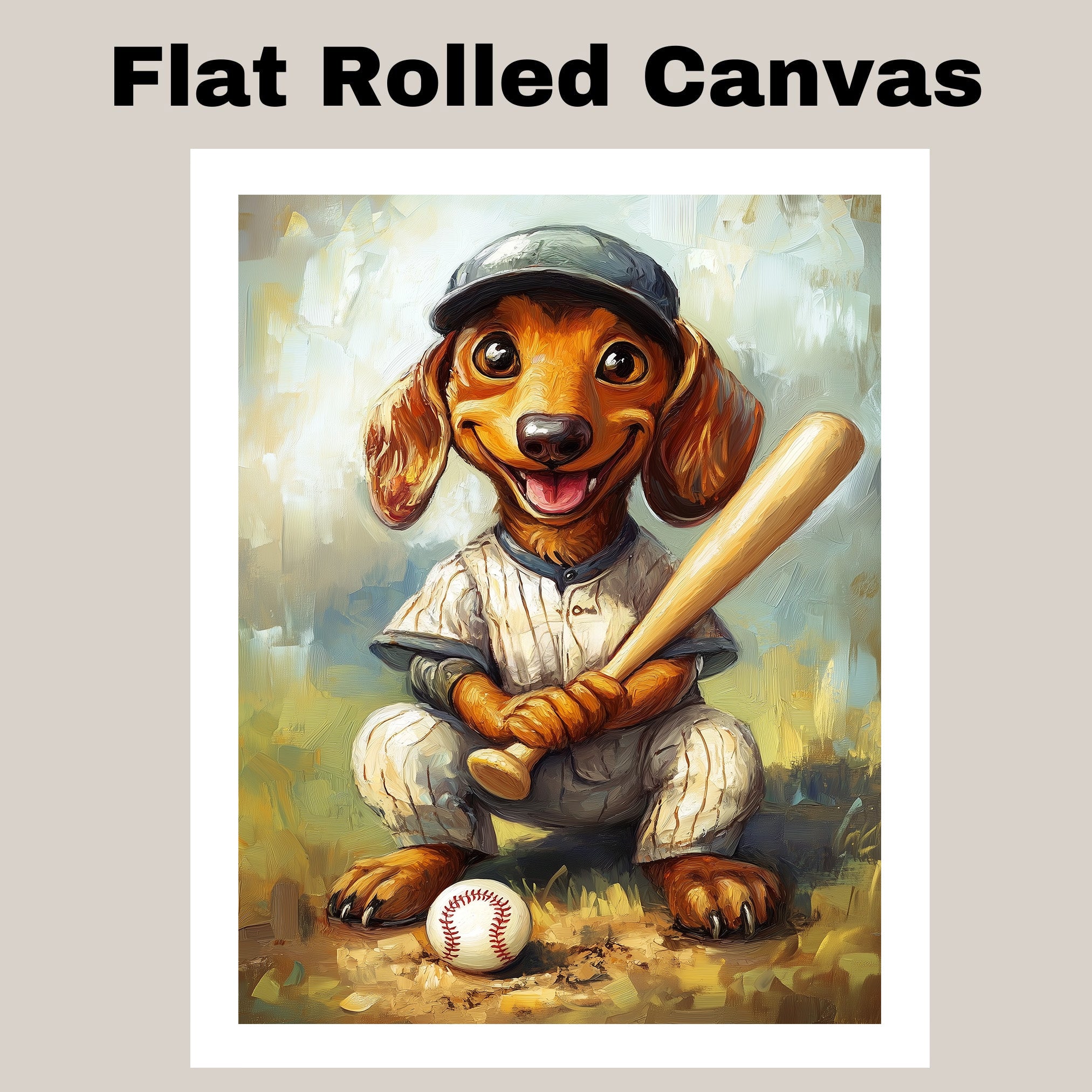 Dachshund Dog Baseball Painting for Baseball Field Dog Poster for Dachshund Home Decoration on Ready to Hang 1.5" Thick Canvas Wrap, Floating Framed Canvas, Flat Rolled Canvas