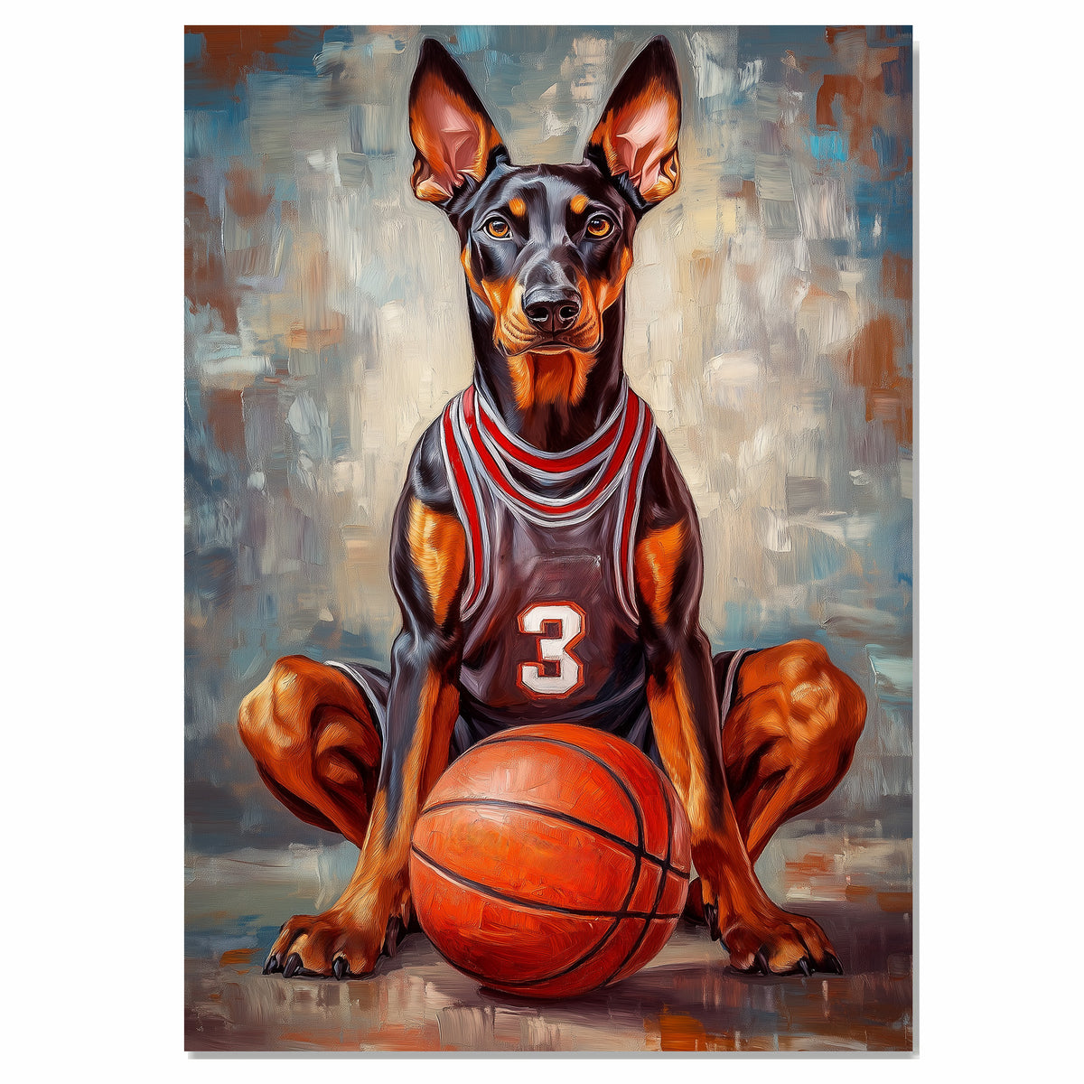 Doberman Puppy Basketball Wall Art Print Sports Room Decor for Boys Bedroom or Home Gym Gift Ready to Hang Canvas or Framed Artwork