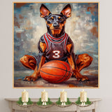 Doberman Puppy Basketball Wall Art Print Sports Room Decor for Boys Bedroom or Home Gym Gift Ready to Hang Canvas or Framed Artwork