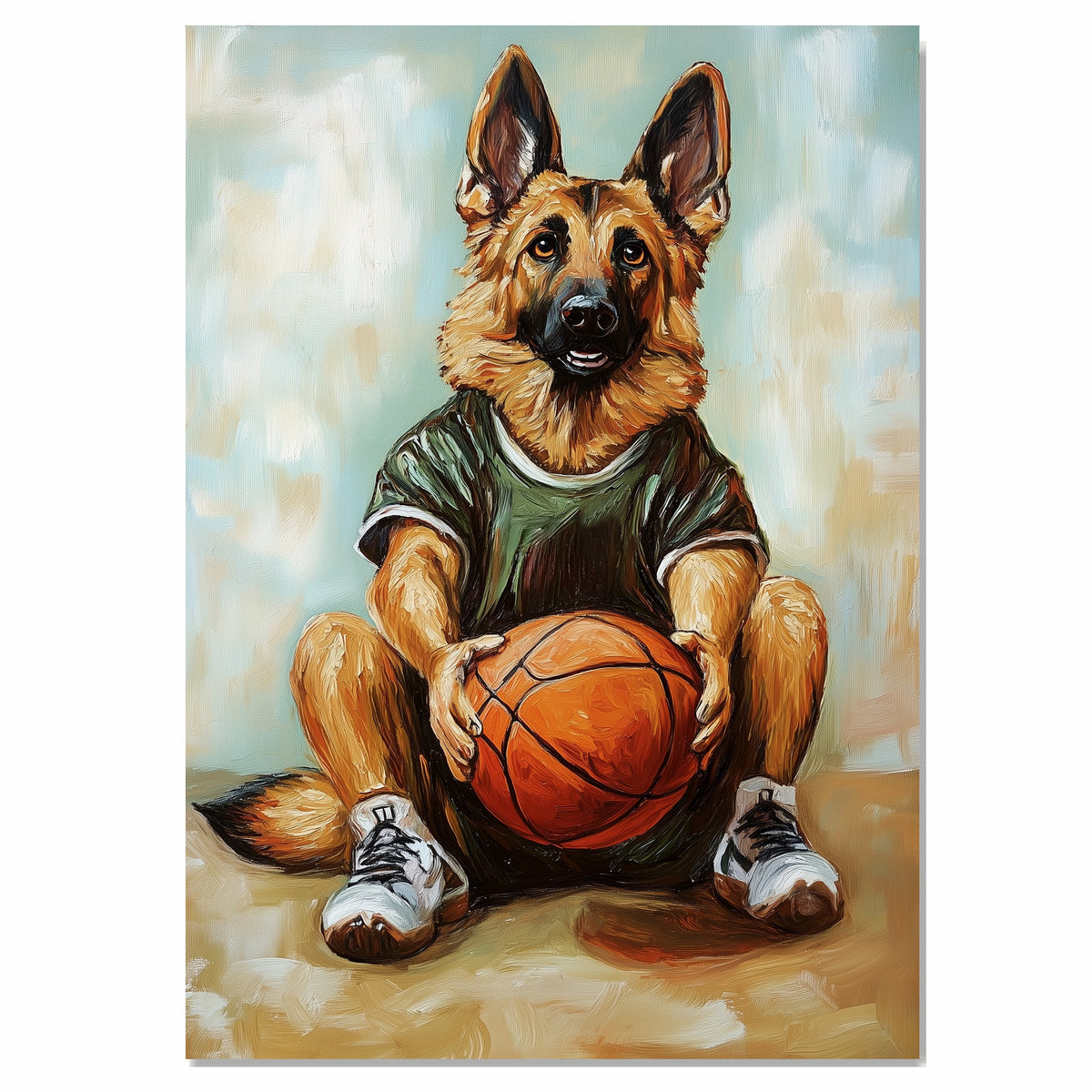German Shepherd Puppy Basketball Wall Art Print Sports Room Decor for Boys Bedroom or Home Gym Gift Ready to Hang Canvas or Framed Artwork