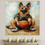 German Shepherd Puppy Basketball Wall Art Print Sports Room Decor for Boys Bedroom or Home Gym Gift Ready to Hang Canvas or Framed Artwork