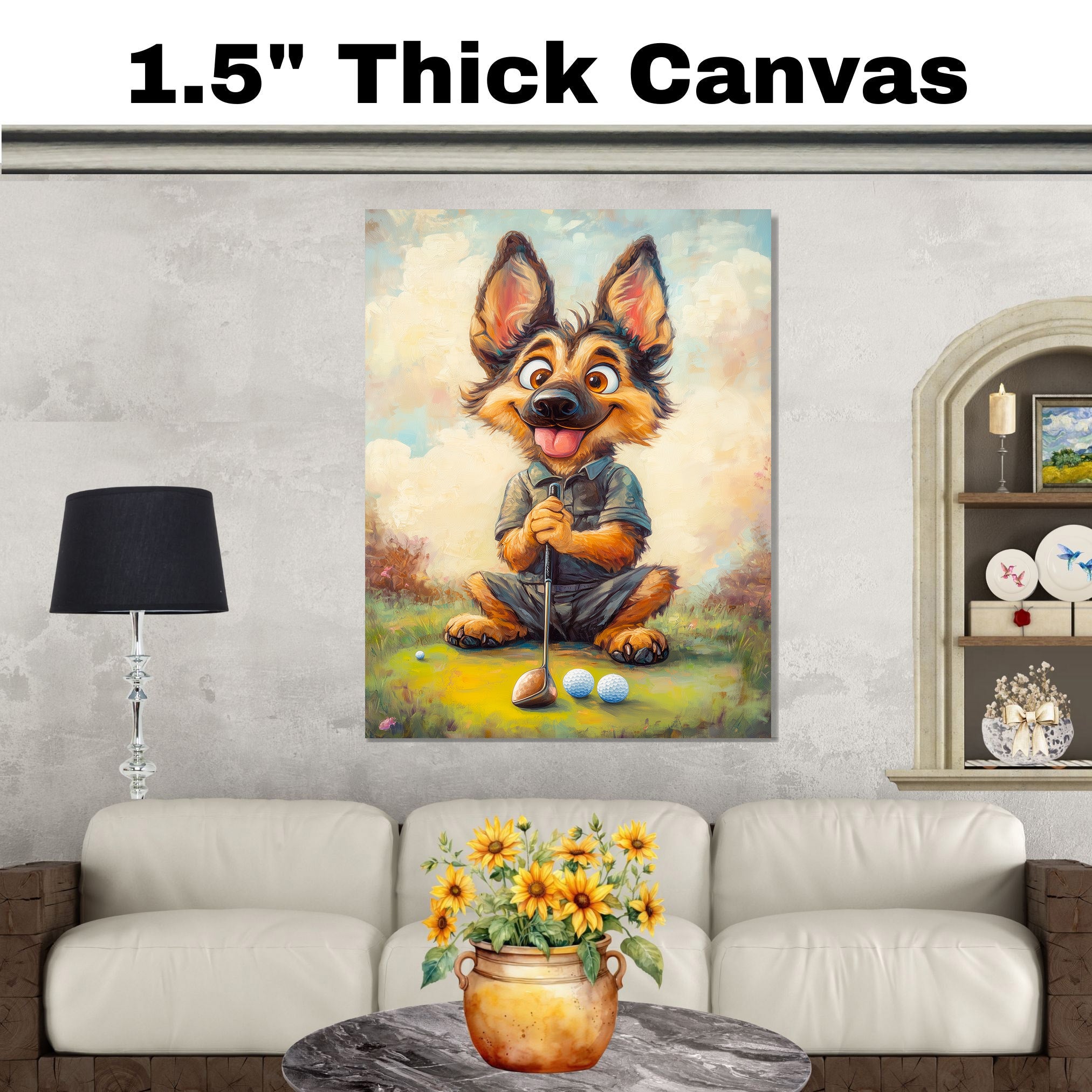 German Shepherd Dog Art for Golf Sports Lovers Gift for Shepherd Lovers Pet Sports Wall Décor on Ready to Hang 1.5" Thick Canvas Wrap, Floating Framed Canvas, Flat Rolled Canvas