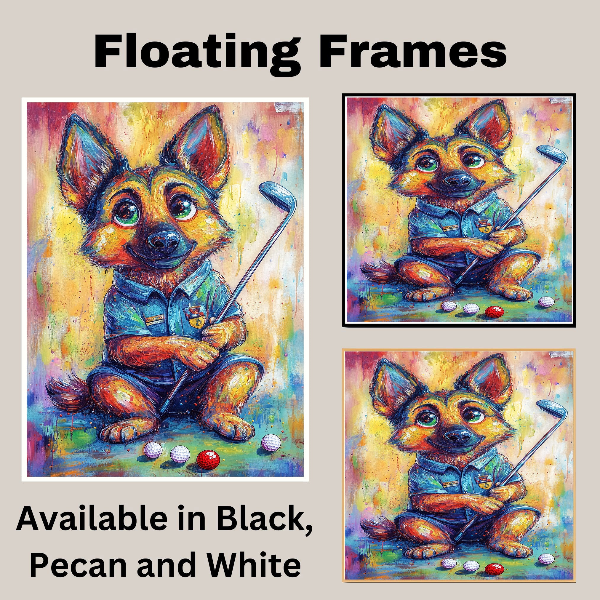 German Shepherd Painting for Dog Golf Sports Artwork for Dad's Game Room Décor Gifts for Gold Lovers on Ready to Hang 1.5" Thick Canvas Wrap, Floating Framed Canvas, Flat Rolled Canvas