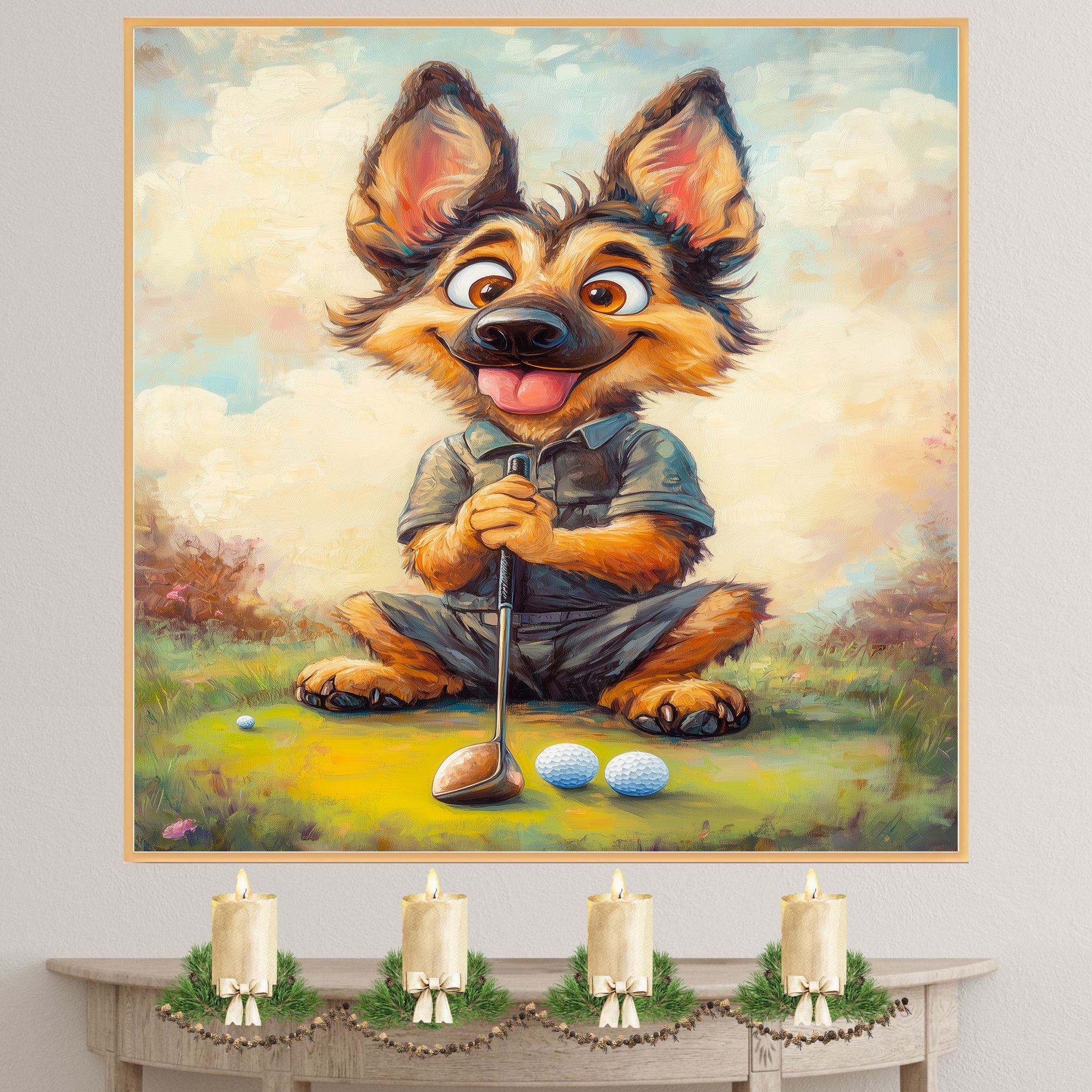 German Shepherd Dog Art for Golf Sports Lovers Gift for Shepherd Lovers Pet Sports Wall Décor on Ready to Hang 1.5" Thick Canvas Wrap, Floating Framed Canvas, Flat Rolled Canvas