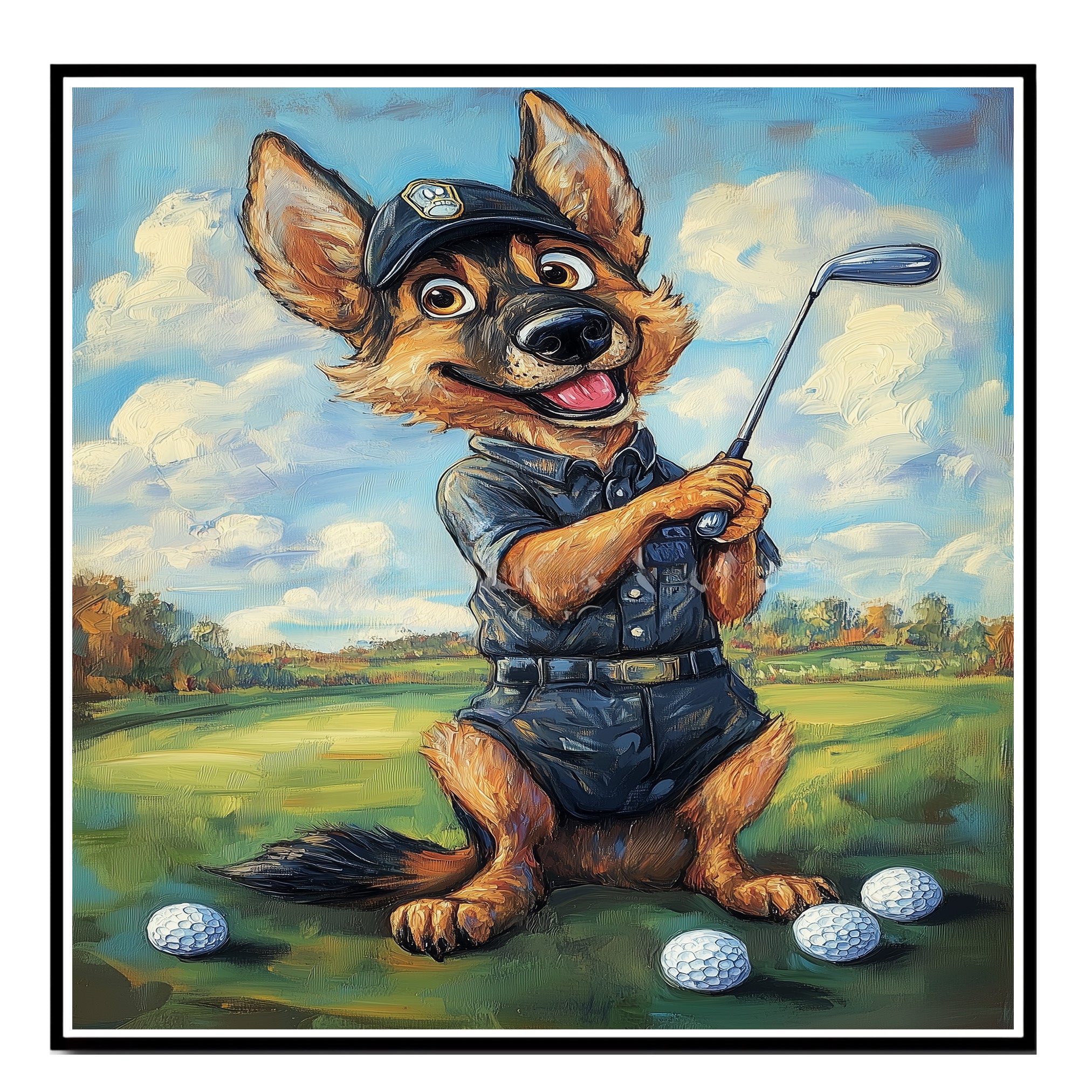 German Shepherd Golf Dog Canvas Wall Art for Pet Lovers Sports Painting for Golf Décor on Ready to Hang 1.5" Thick Canvas Wrap, Floating Framed Canvas, Flat Rolled Canvas