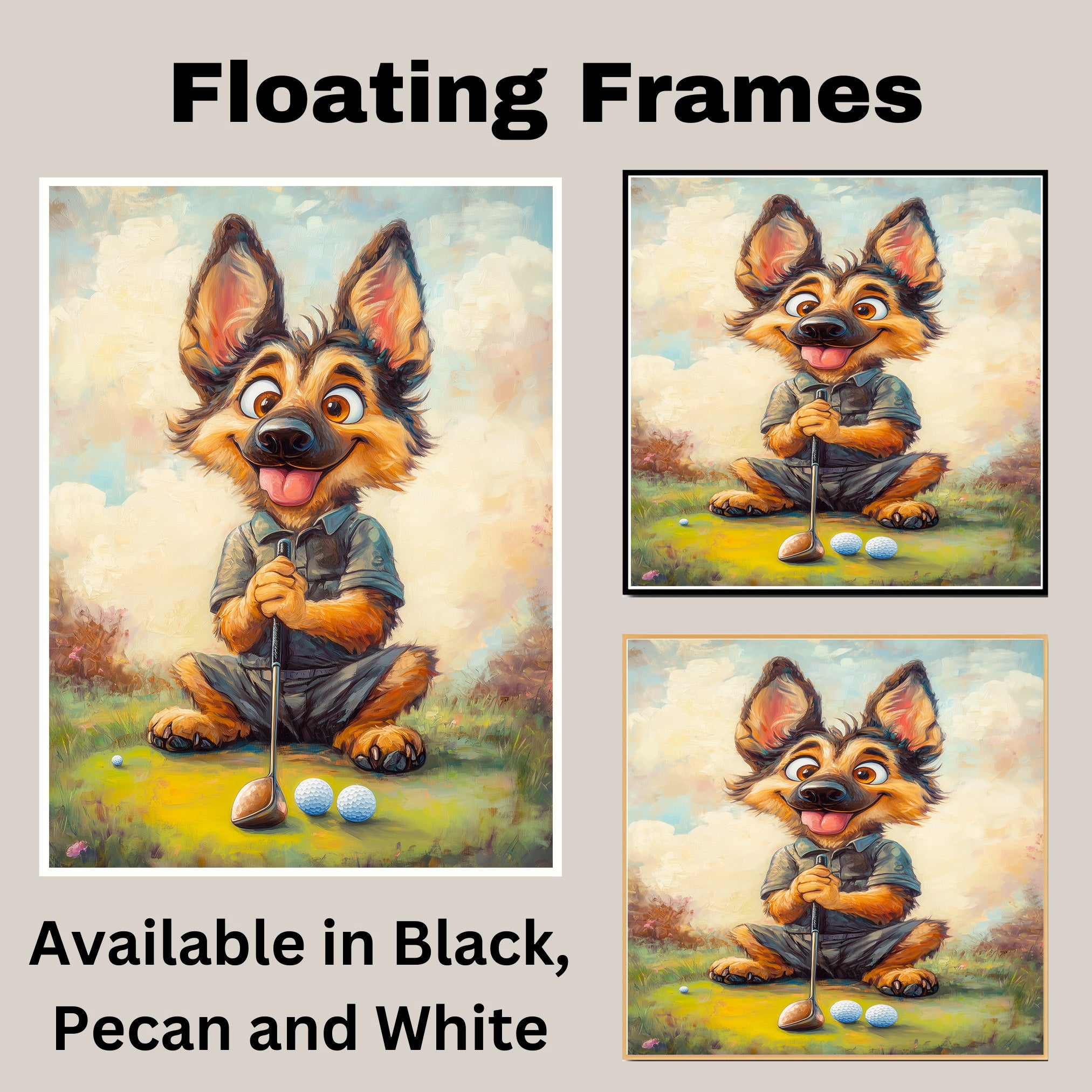 German Shepherd Dog Art for Golf Sports Lovers Gift for Shepherd Lovers Pet Sports Wall Décor on Ready to Hang 1.5" Thick Canvas Wrap, Floating Framed Canvas, Flat Rolled Canvas