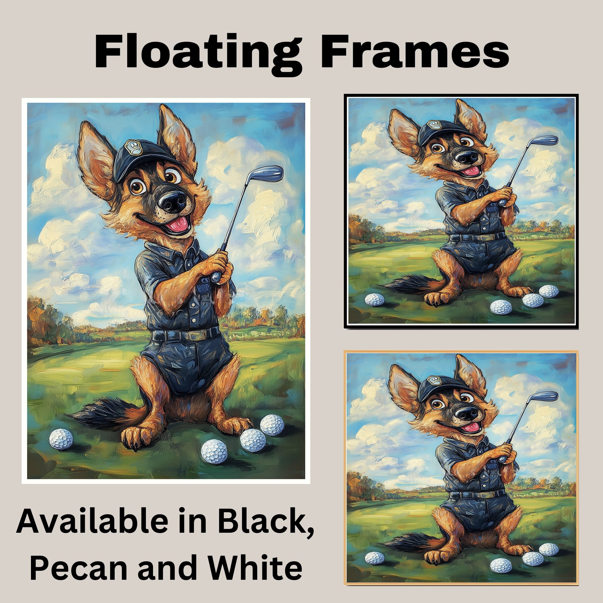 German Shepherd Golf Dog Canvas Wall Art for Pet Lovers Sports Painting for Golf Décor on Ready to Hang 1.5" Thick Canvas Wrap, Floating Framed Canvas, Flat Rolled Canvas