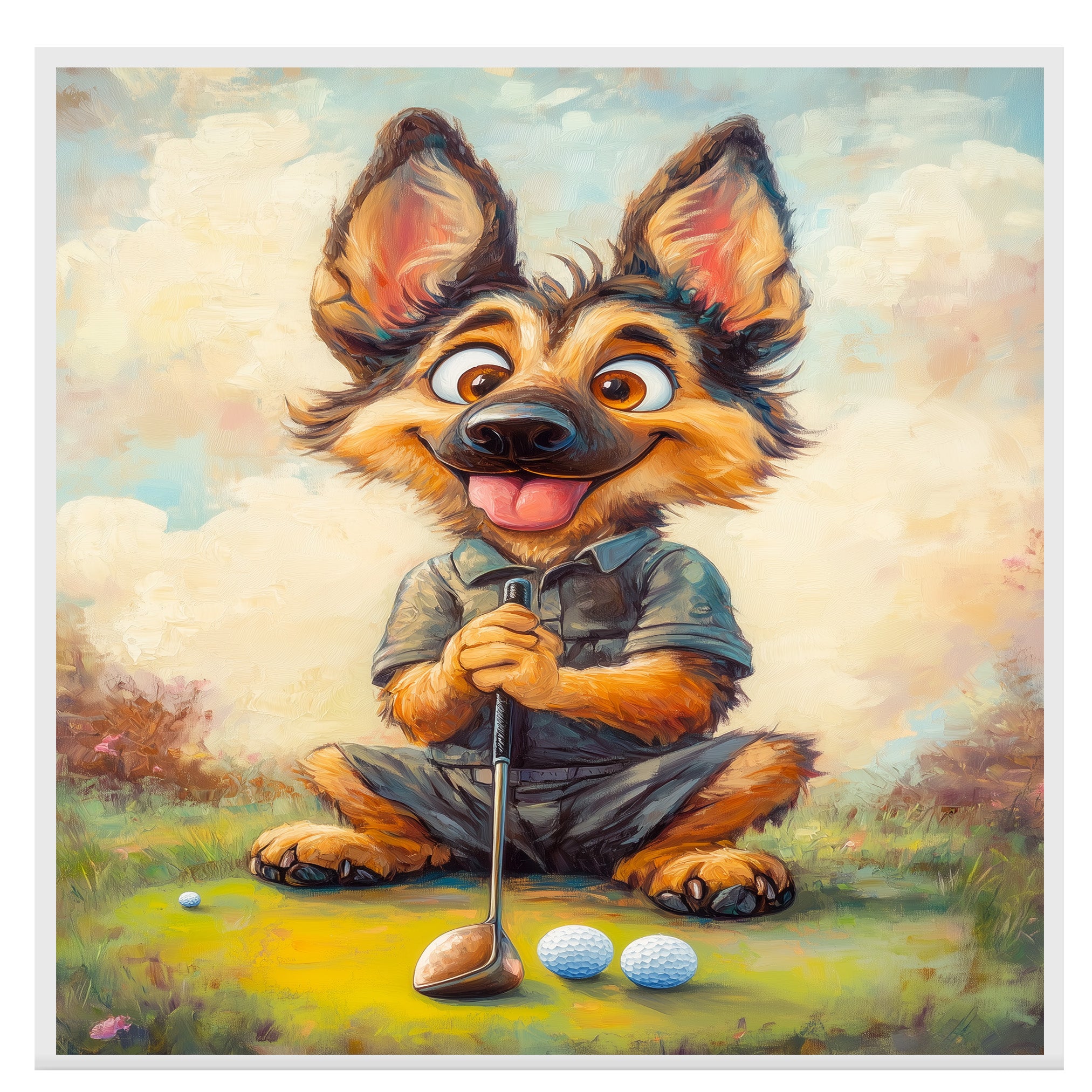German Shepherd Dog Art for Golf Sports Lovers Gift for Shepherd Lovers Pet Sports Wall Décor on Ready to Hang 1.5" Thick Canvas Wrap, Floating Framed Canvas, Flat Rolled Canvas