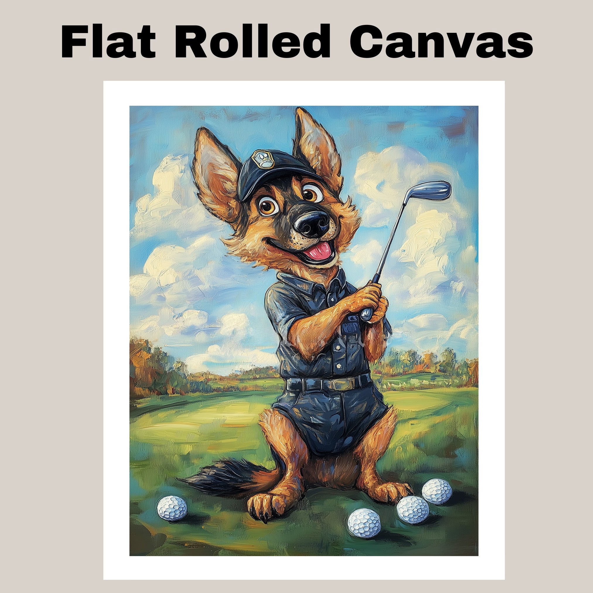 German Shepherd Golf Dog Canvas Wall Art for Pet Lovers Sports Painting for Golf Décor on Ready to Hang 1.5" Thick Canvas Wrap, Floating Framed Canvas, Flat Rolled Canvas
