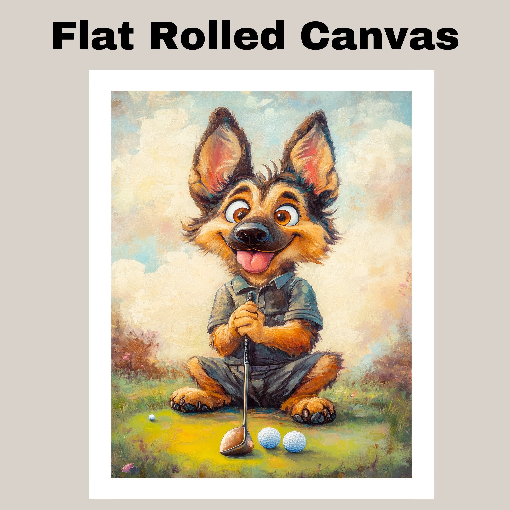 German Shepherd Dog Art for Golf Sports Lovers Gift for Shepherd Lovers Pet Sports Wall Décor on Ready to Hang 1.5" Thick Canvas Wrap, Floating Framed Canvas, Flat Rolled Canvas
